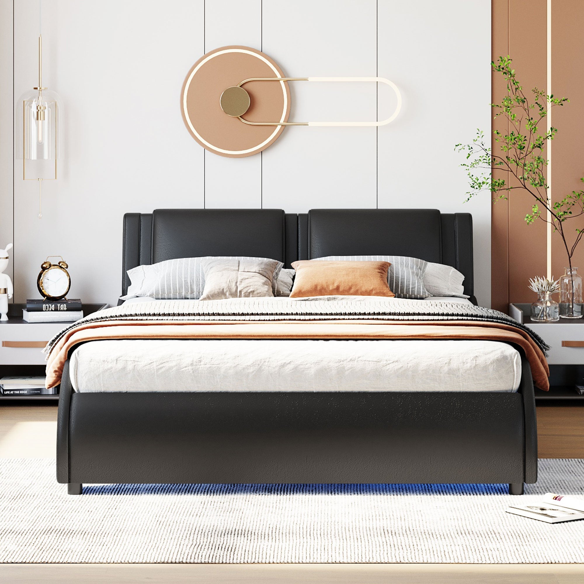 Upholstered Bed, 140x200cm, LED Light Faux Leather, Black