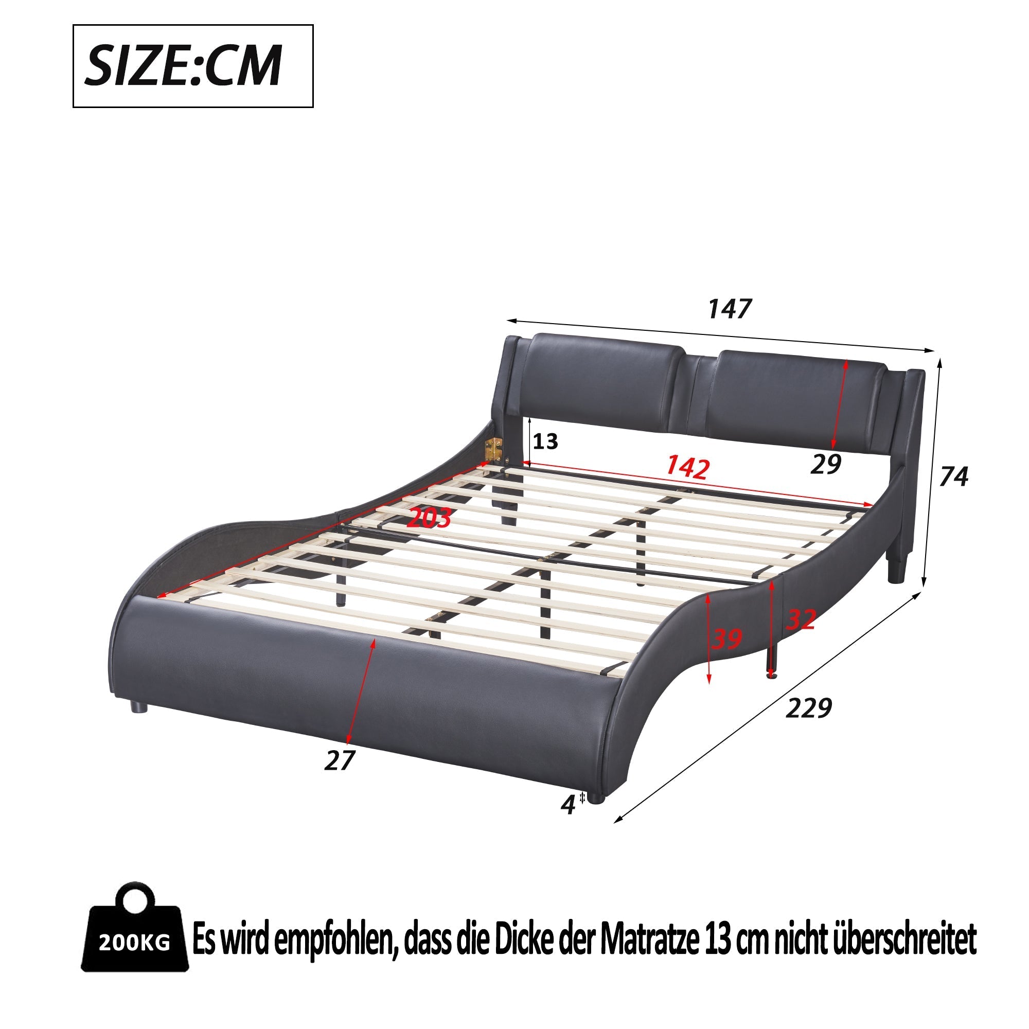 Upholstered Bed, 140x200cm, LED Light Faux Leather, Black