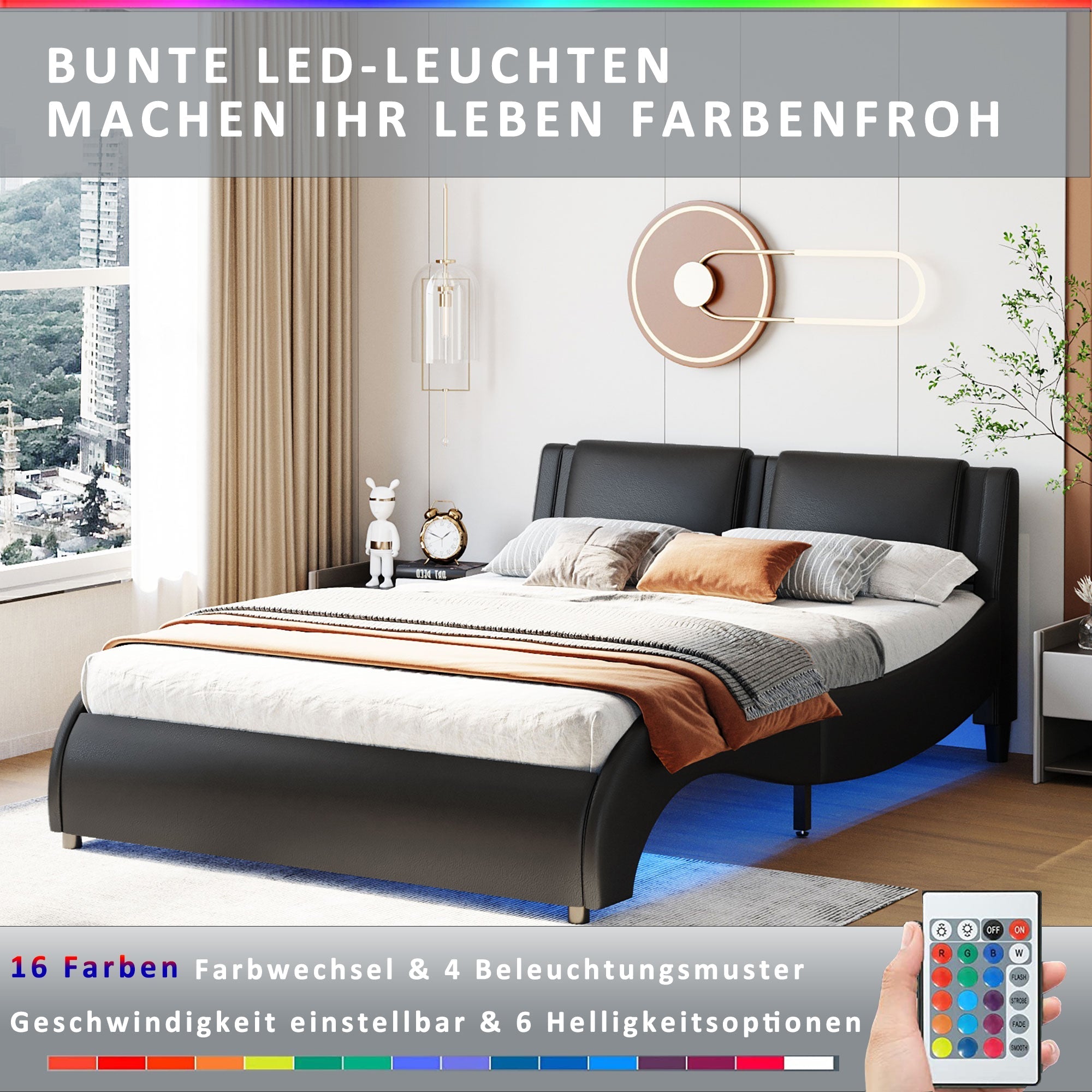 Upholstered Bed, 140x200cm, LED Light Faux Leather, Black
