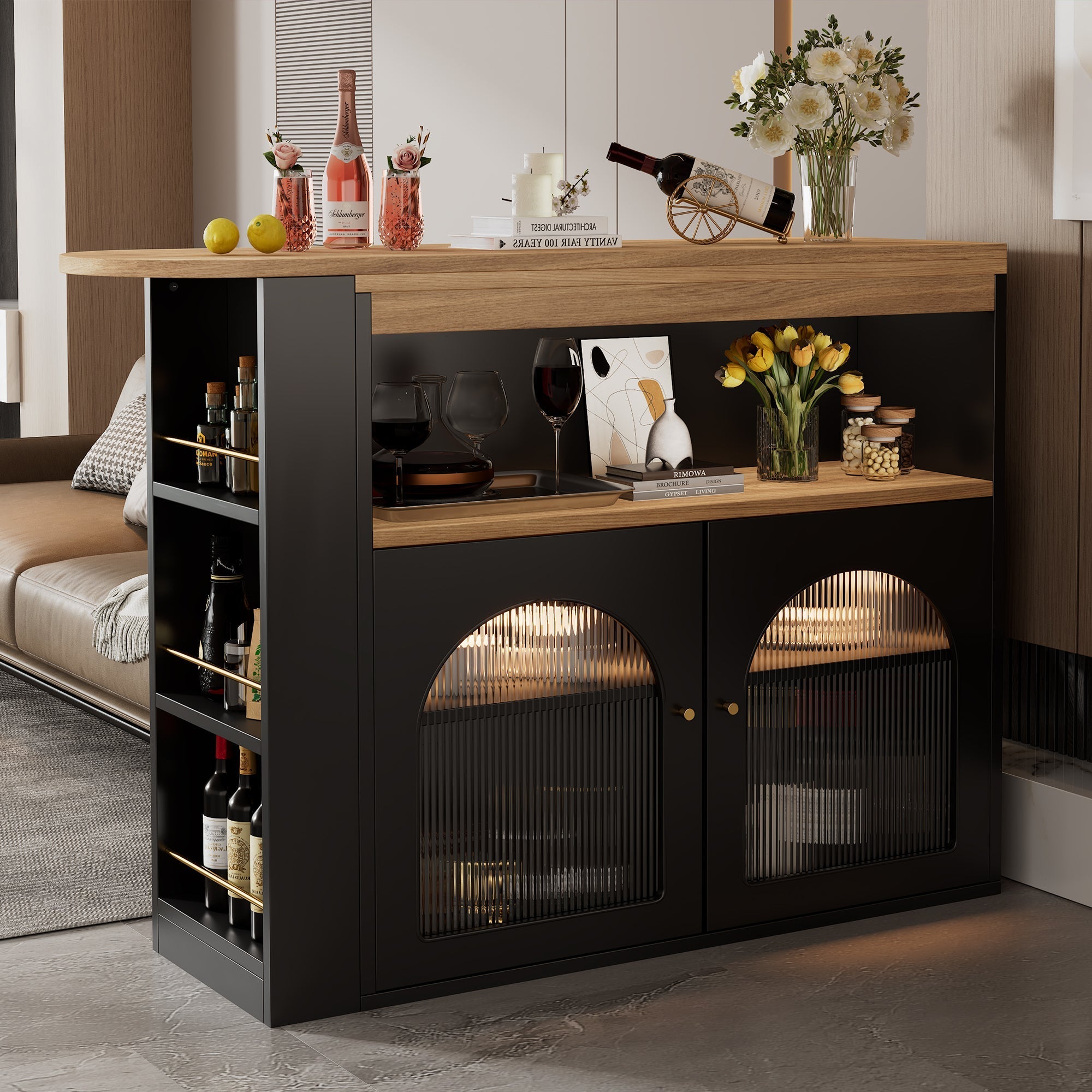 Extendable Bar Table Rotatable Storage LED Light Black