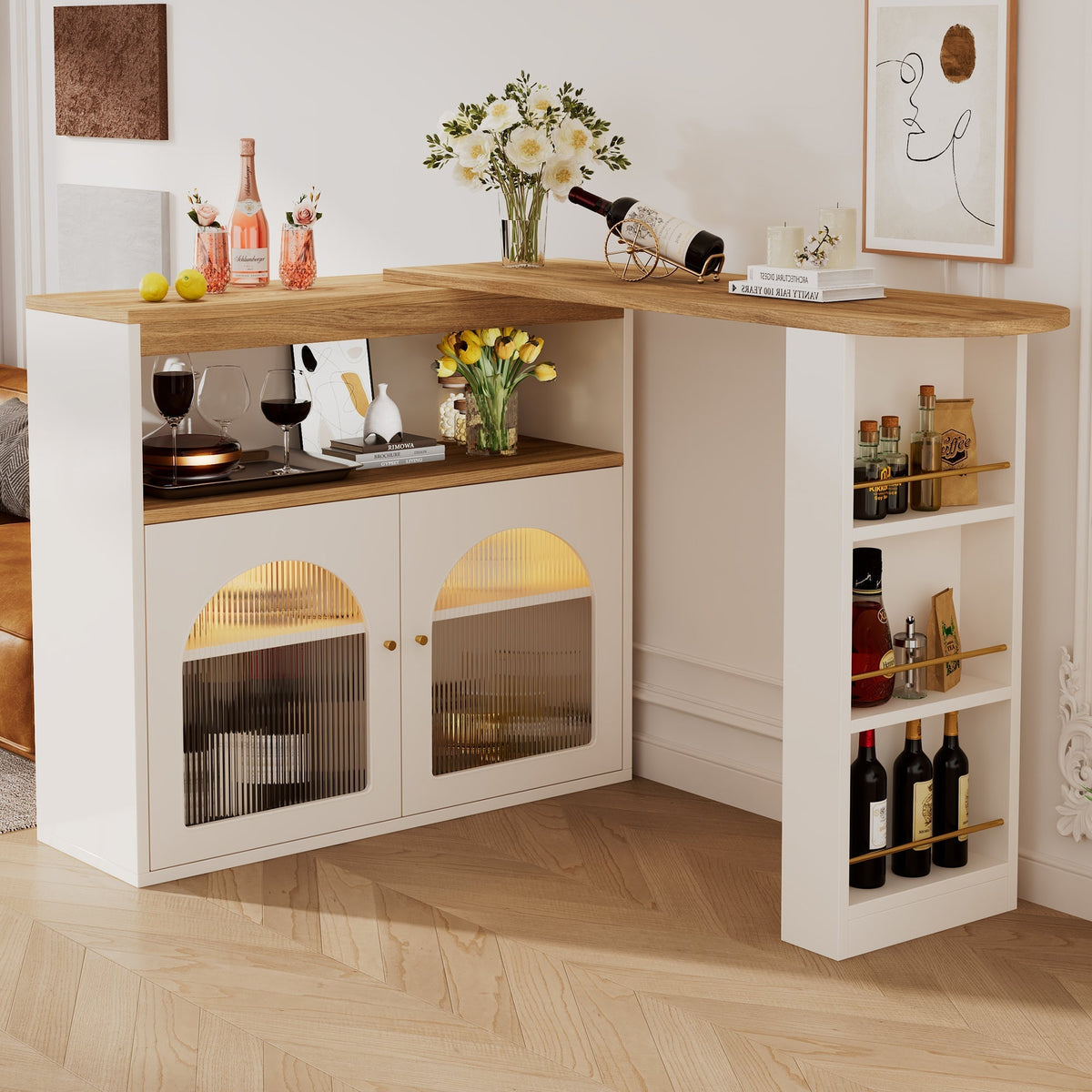 Modern Extendable Bar Table Rotatable Storage LED Bistro White
