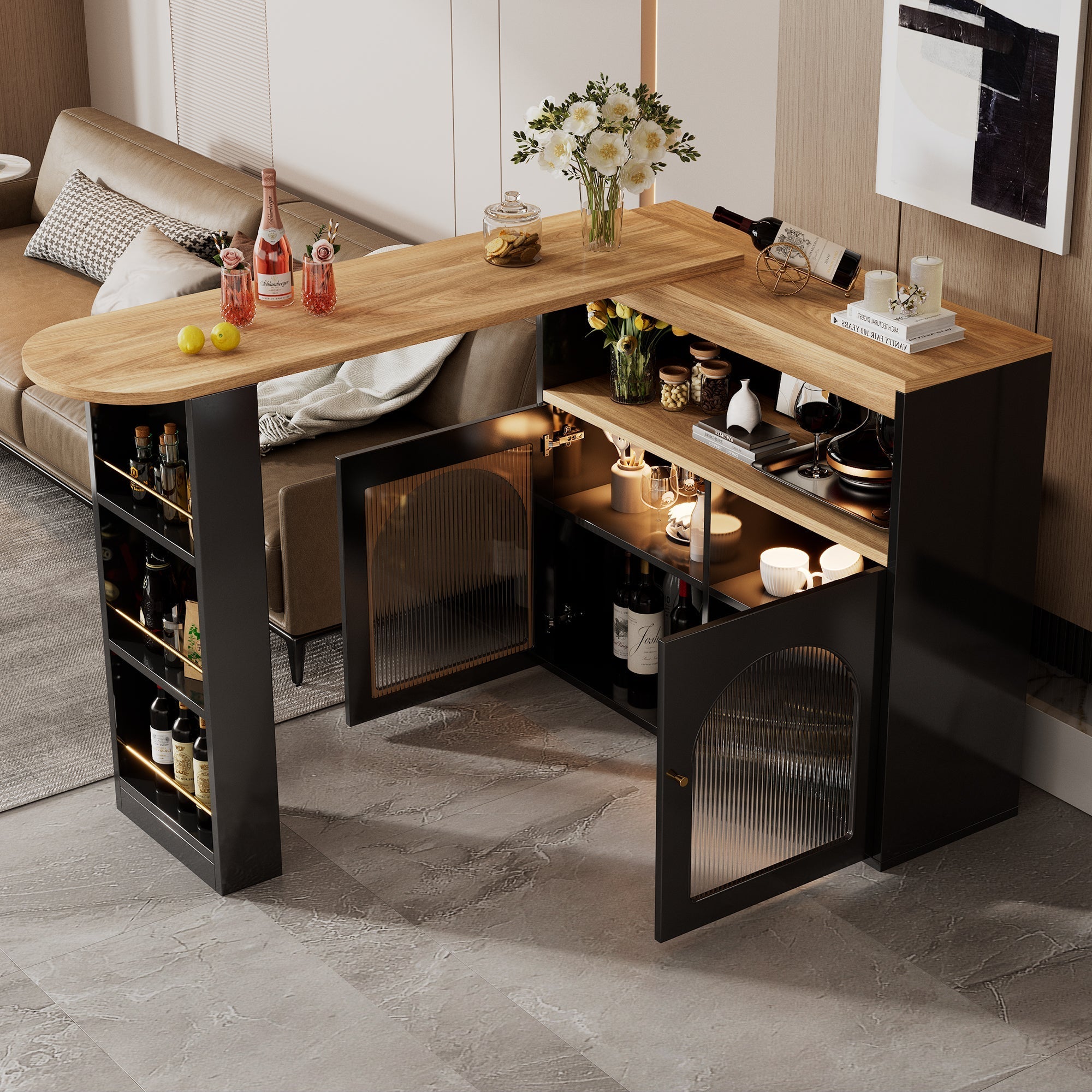 Extendable Bar Table Rotatable Storage LED Light Black
