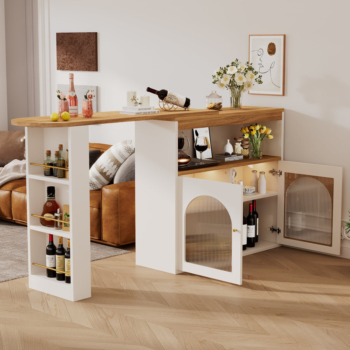 Modern Extendable Bar Table Rotatable Storage LED Bistro White