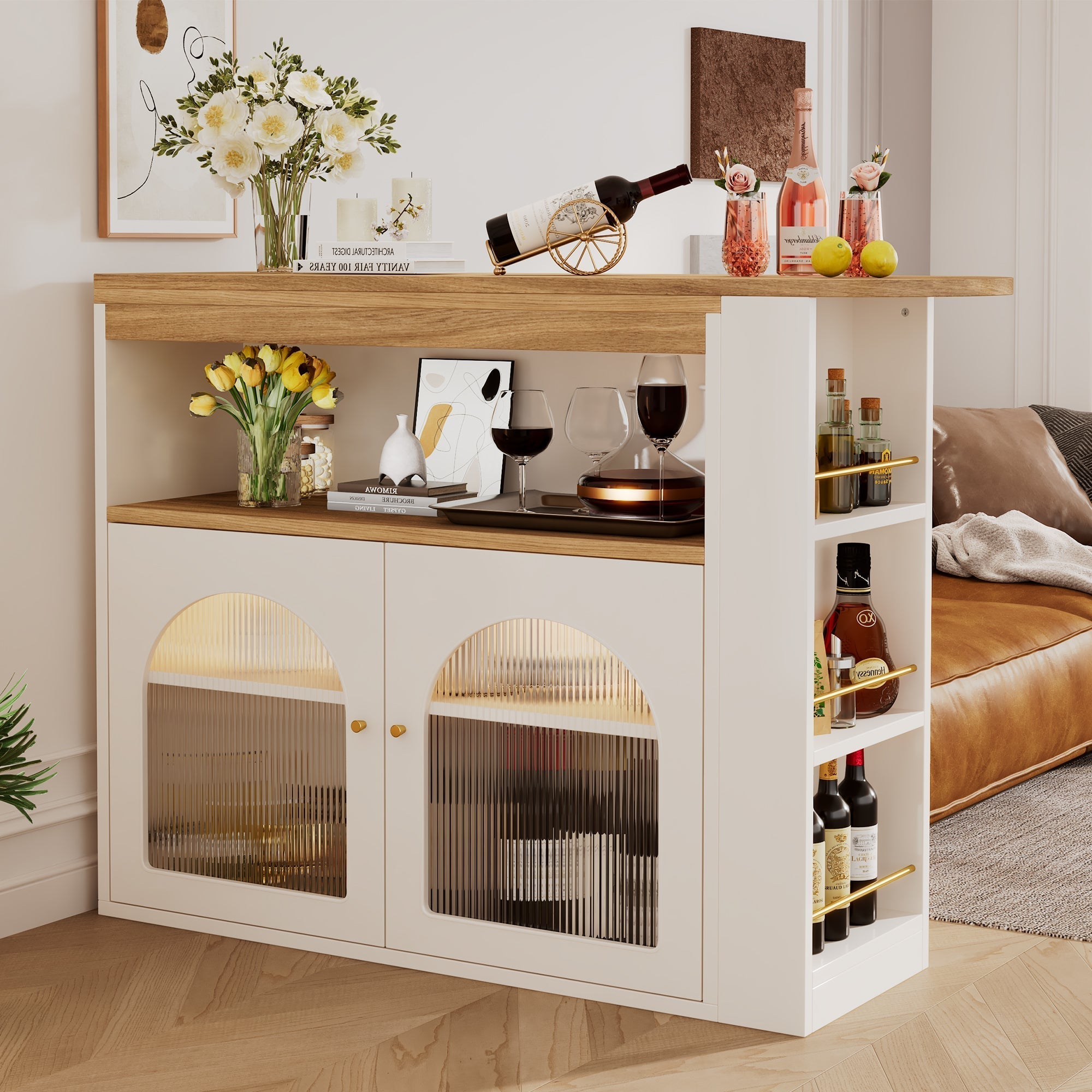 Modern Extendable Bar Table Rotatable Storage LED Bistro White