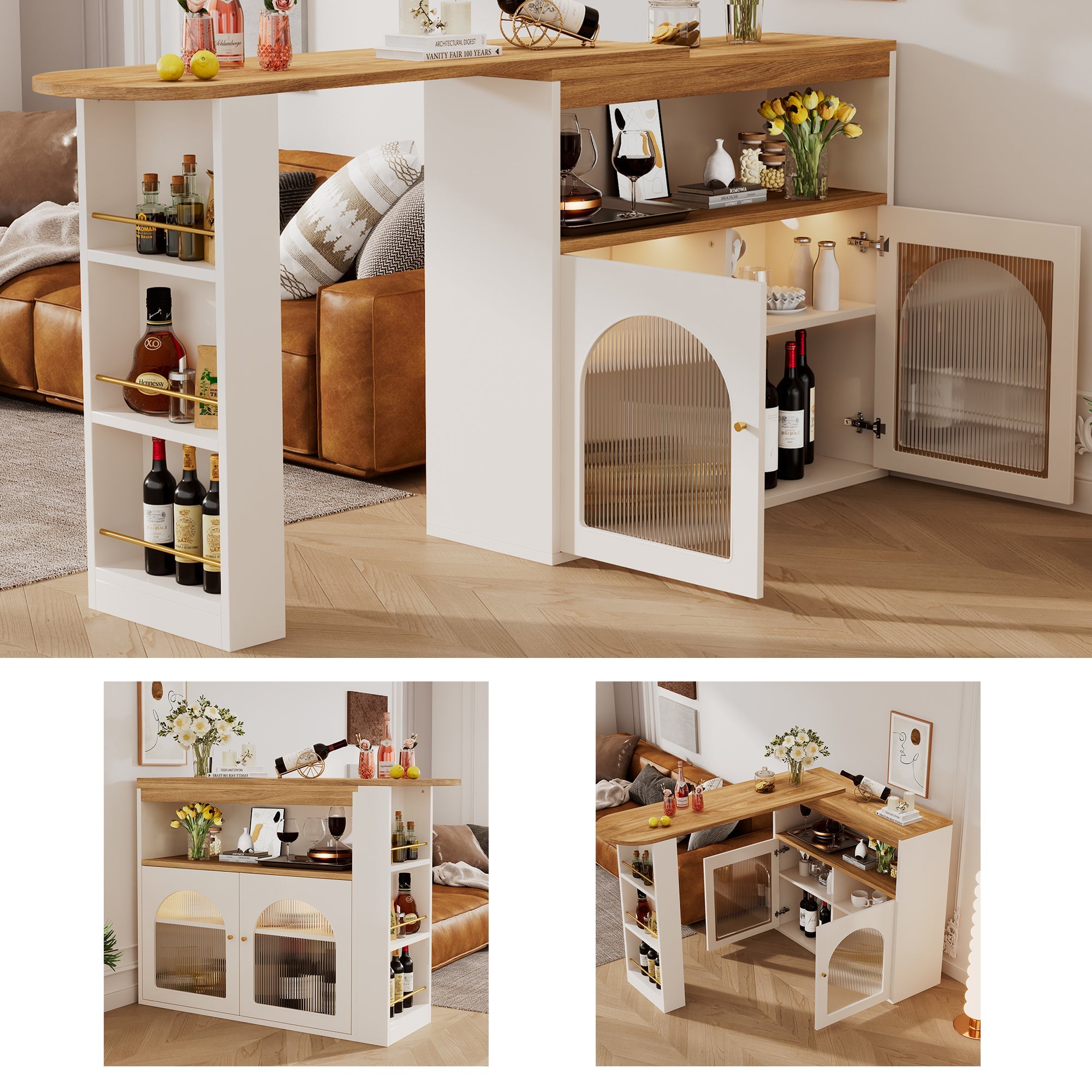 Modern Extendable Bar Table Rotatable Storage LED Bistro White