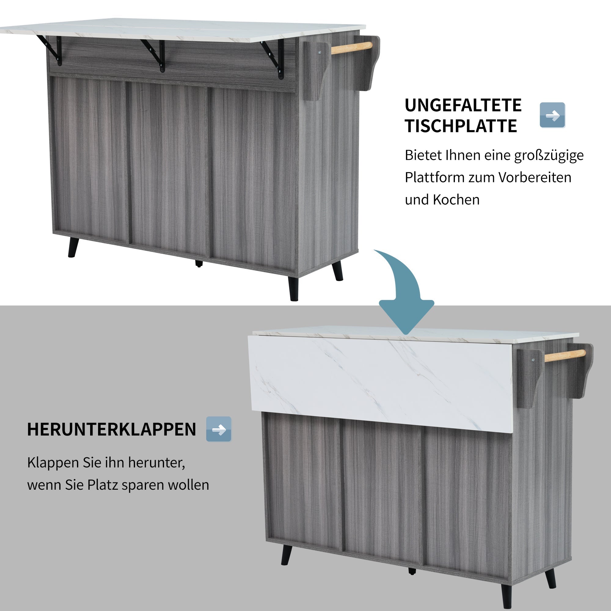 Dining Cart Kitchen Island Folding Table 5 Wheels Storage 2 Drawers - White/Khaki Grey