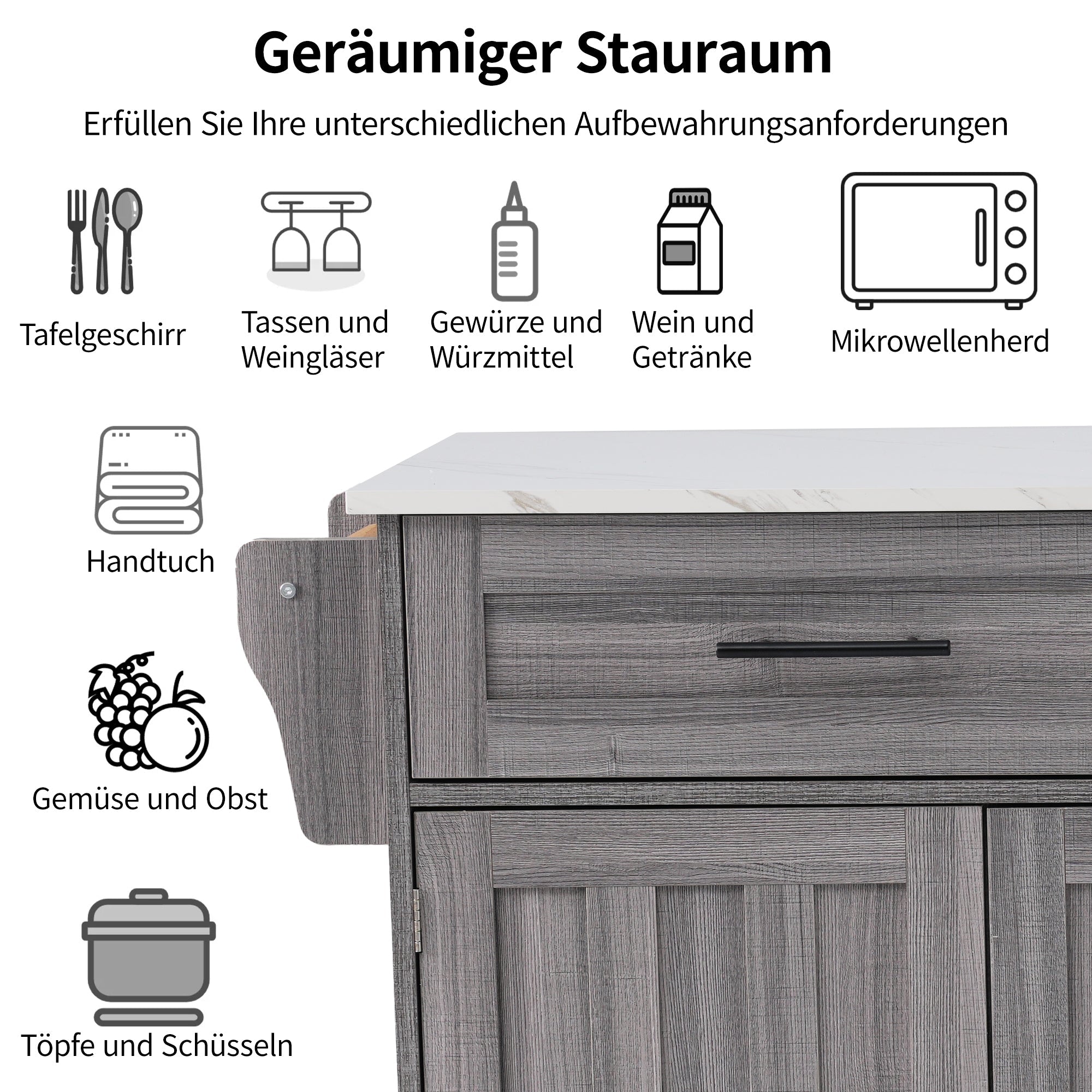 Dining Cart Sideboard Extendable White Marble Top Storage Wheels - Khaki Gray Wood Grain