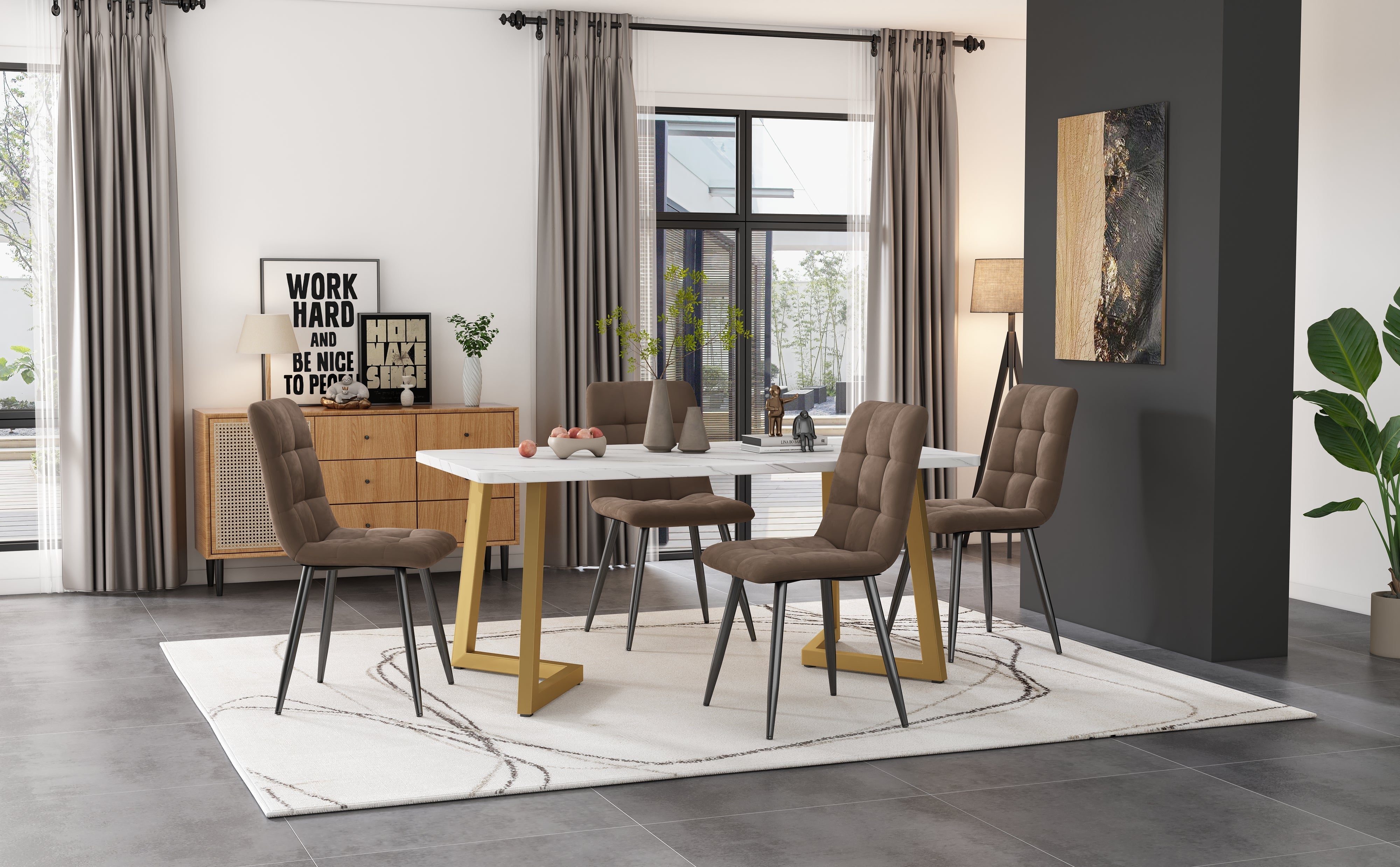 Dining Set 5-Piece Rectangular Modern Kitchen Table 4 Chairs Brown Velvet Gold Legs