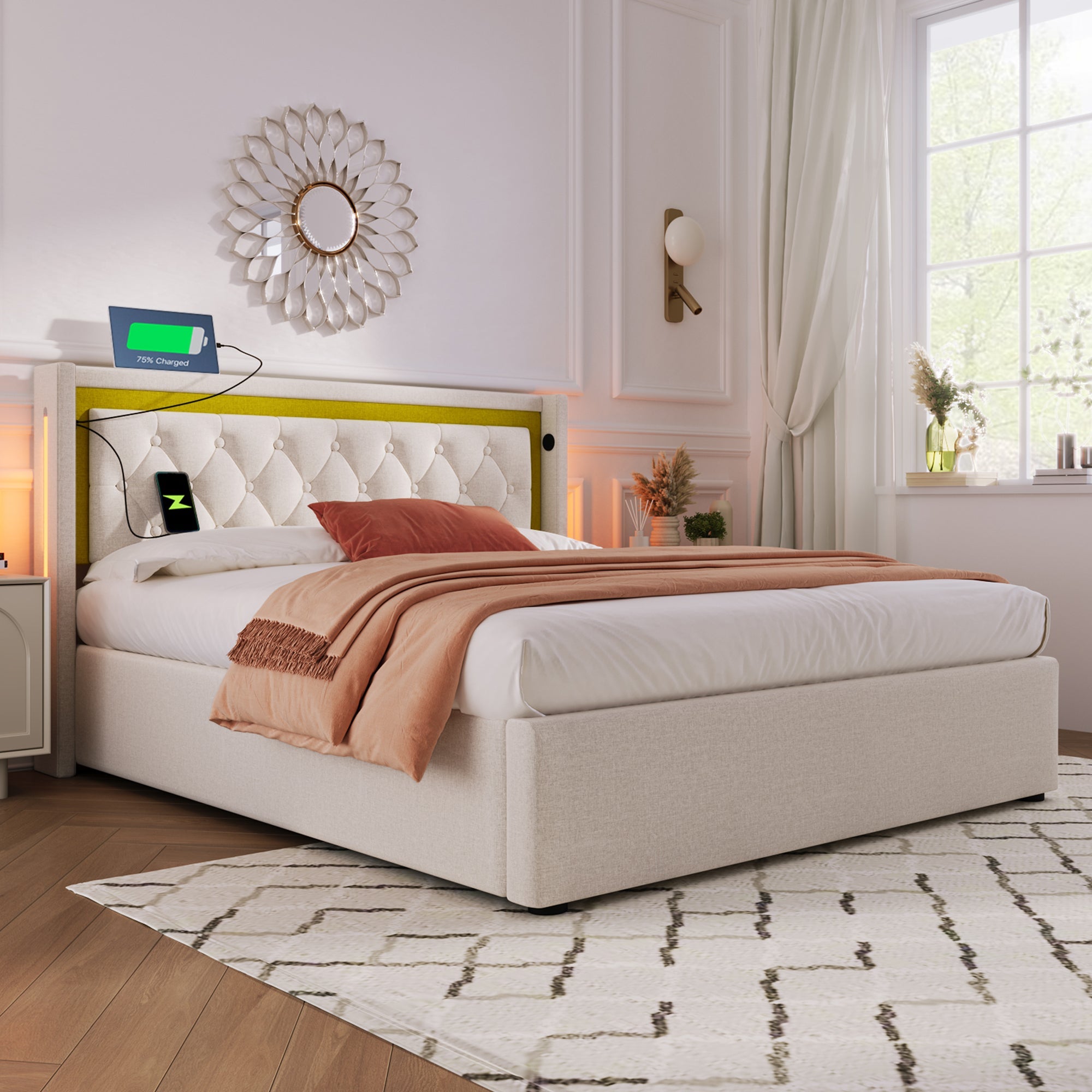 Upholstered Bed, LED Double Bed, Storage with USB & Type C, Cotton