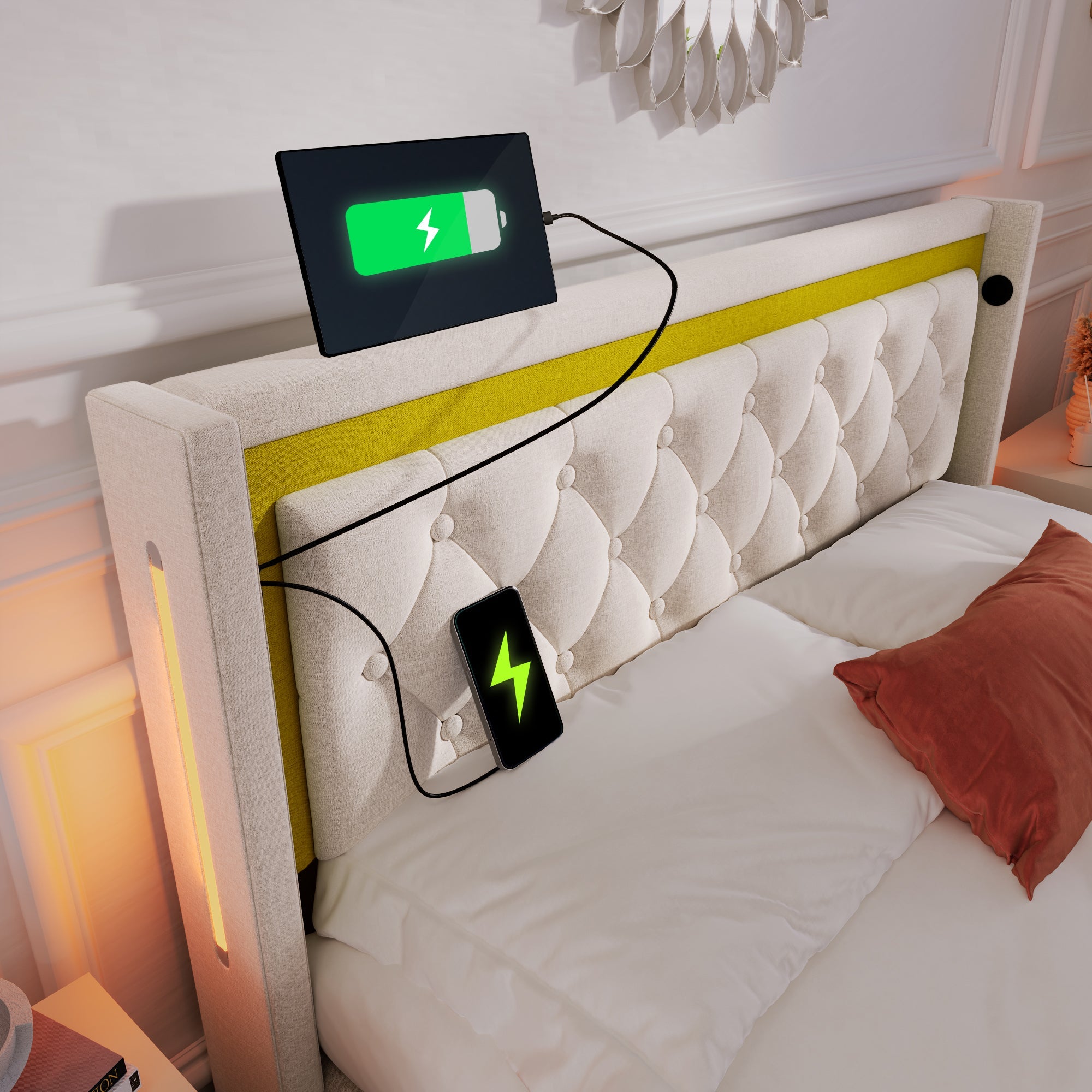 Upholstered Bed, LED Double Bed, Storage with USB & Type C, Cotton