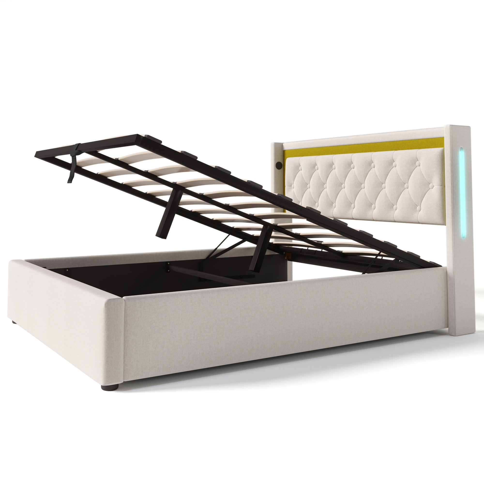 Upholstered Bed LED Double Bed with Storage, USB, Type C, 160x200 Cotton