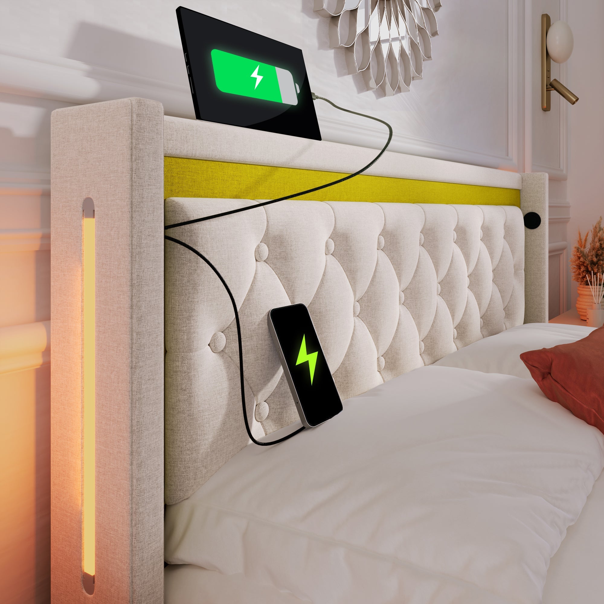 Upholstered Bed, LED Double Bed, Storage with USB & Type C, Cotton
