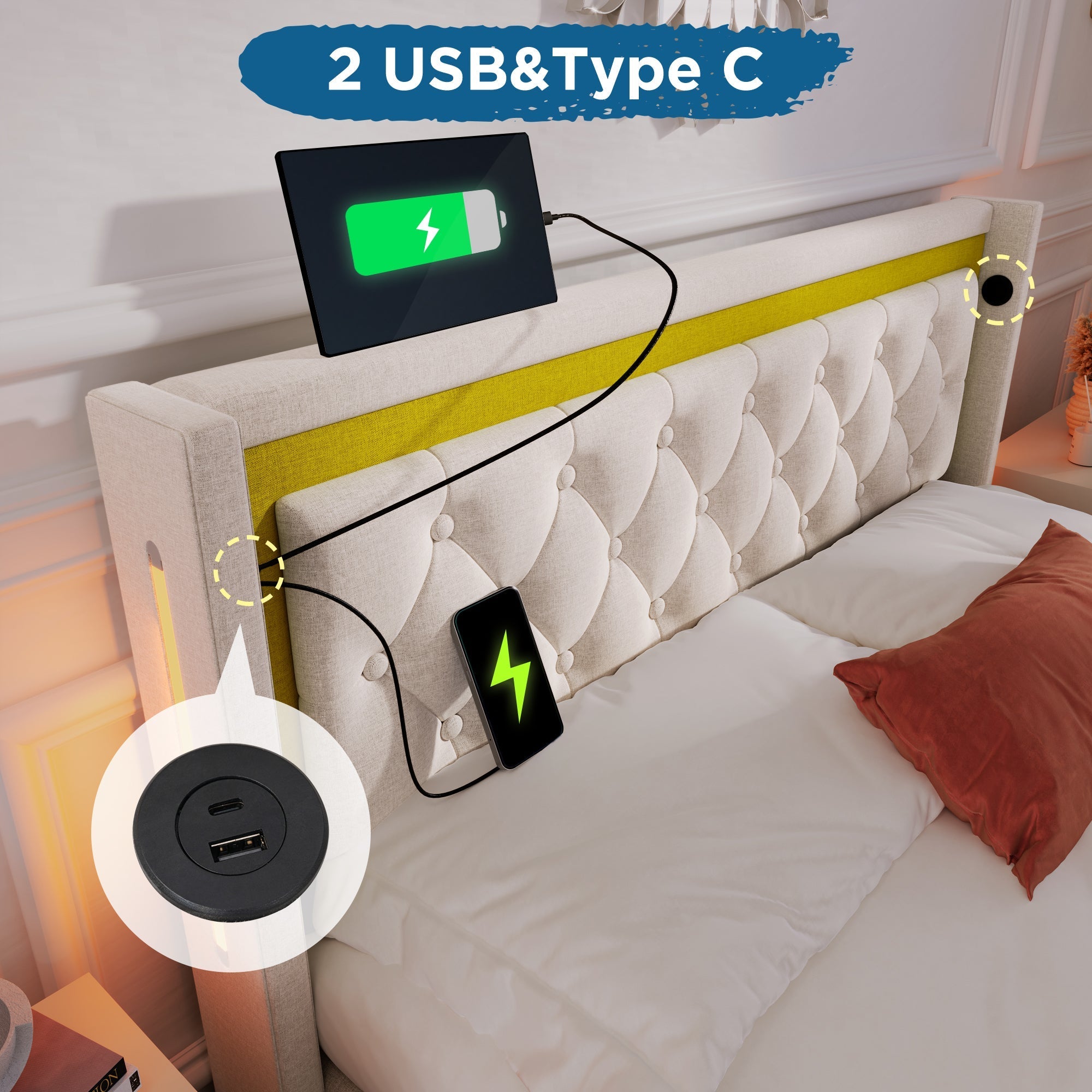 Upholstered Bed, LED Double Bed with USB & Type C Charging, Cotton