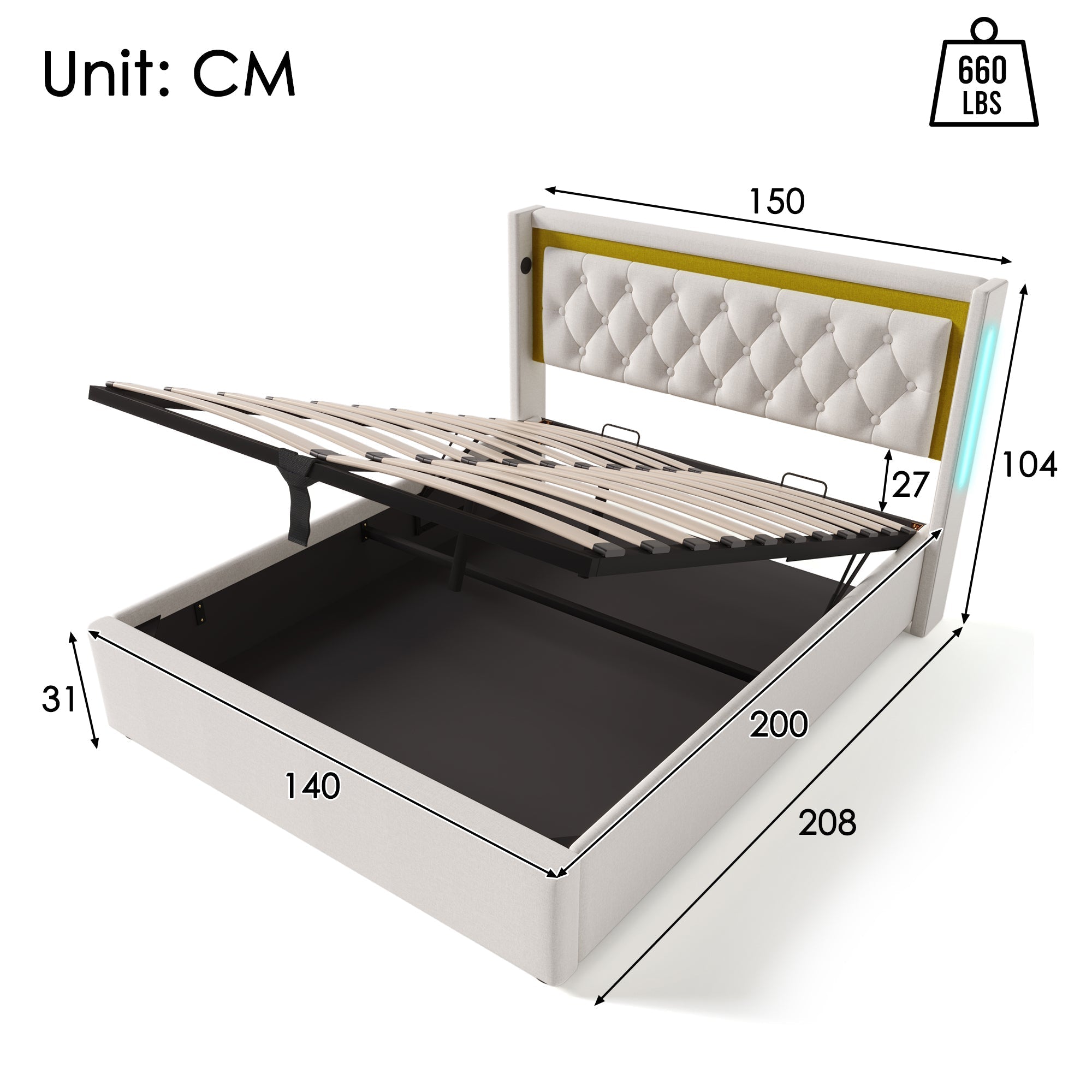 Upholstered Bed, LED Double Bed with USB & Type C Charging, Cotton