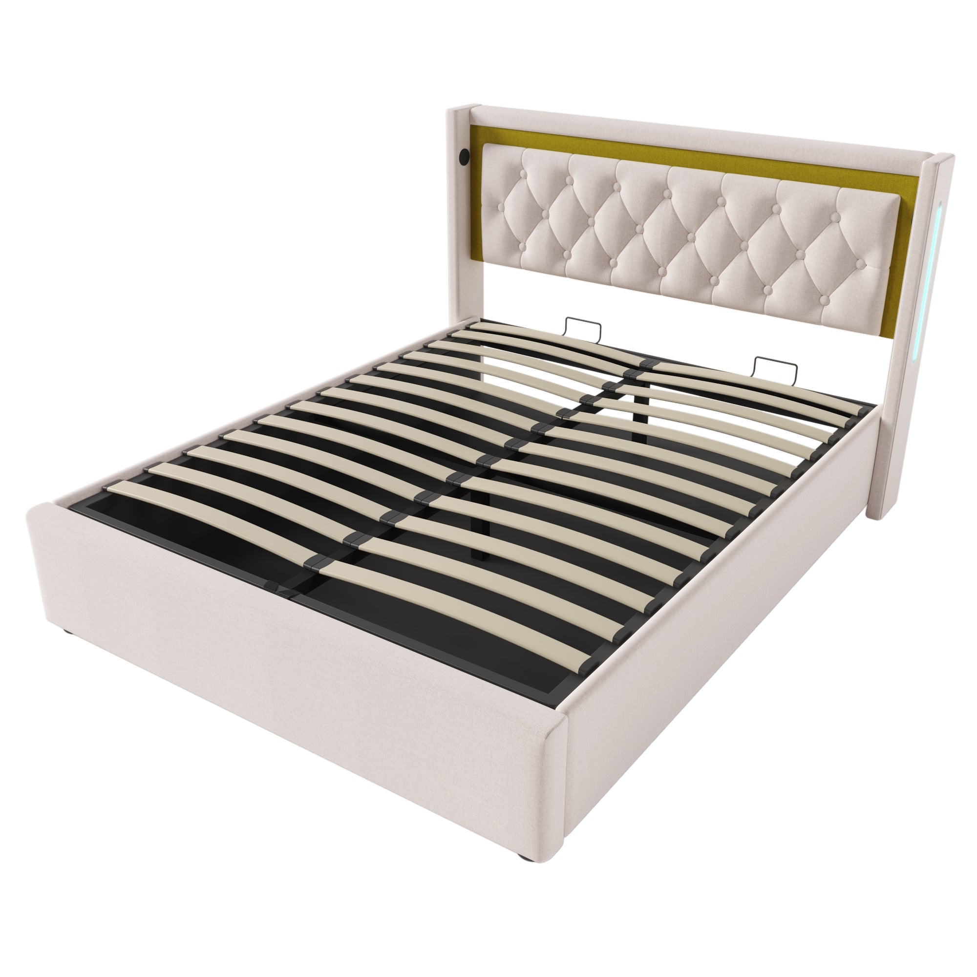 Upholstered Bed LED Double Bed with Storage, USB, Type C, 160x200 Cotton