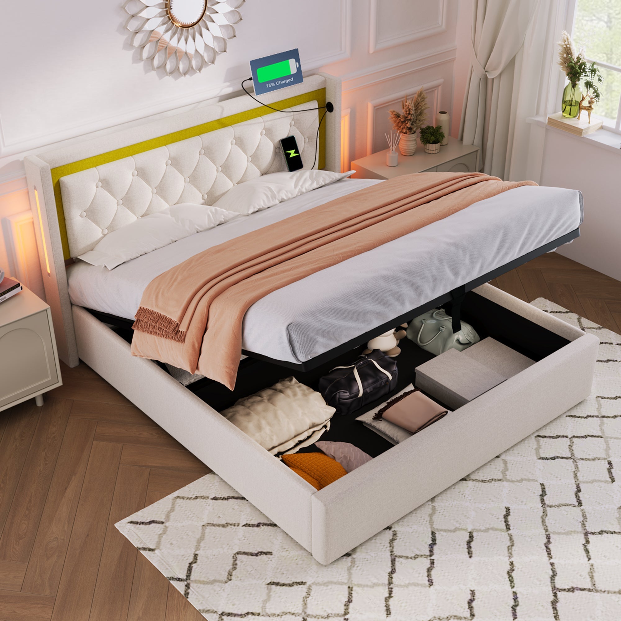 Upholstered Bed, LED Double Bed, Storage with USB & Type C, Cotton