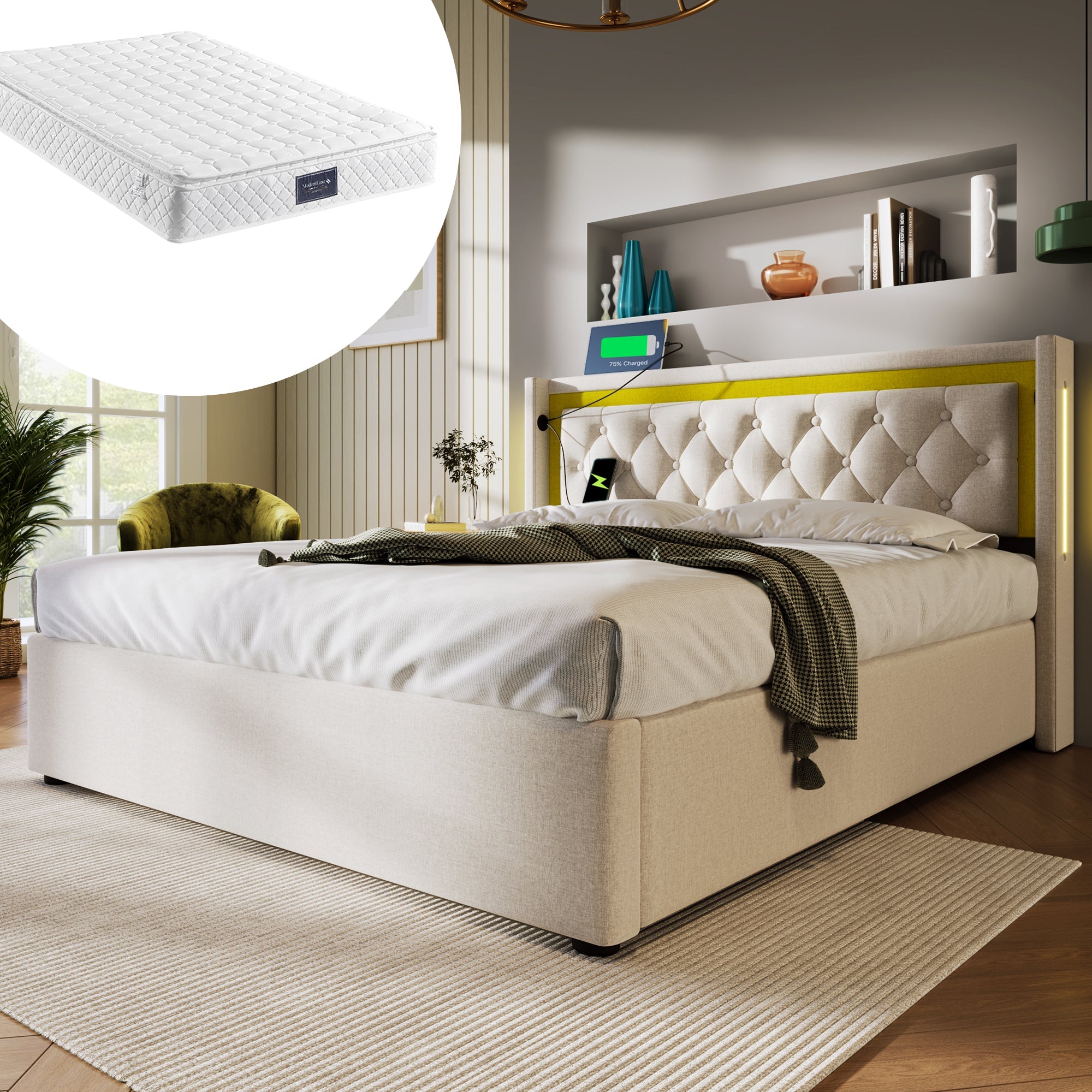 Upholstered Bed, LED Double Bed, Storage with USB & Type C, Cotton