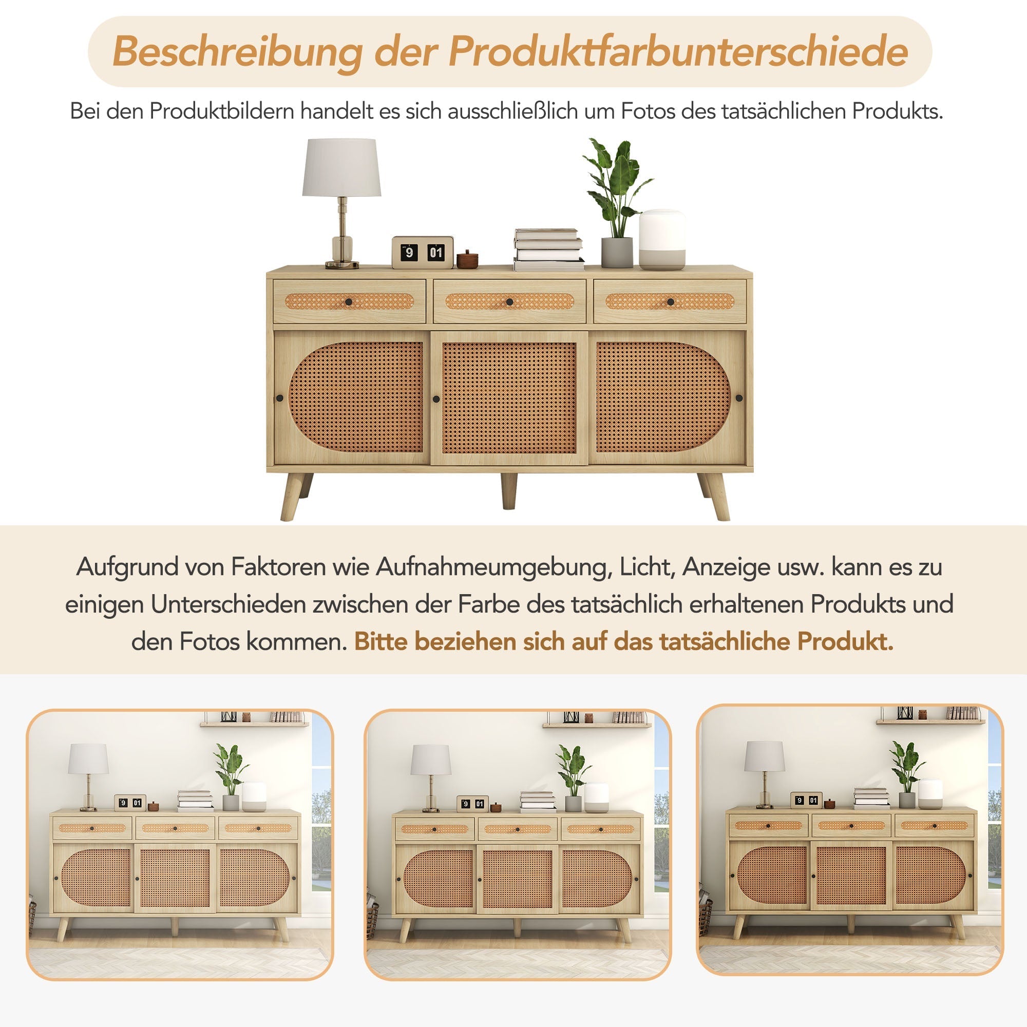 Sideboard, 140cm PE Rattan Door, 3 Drawers, Wooden