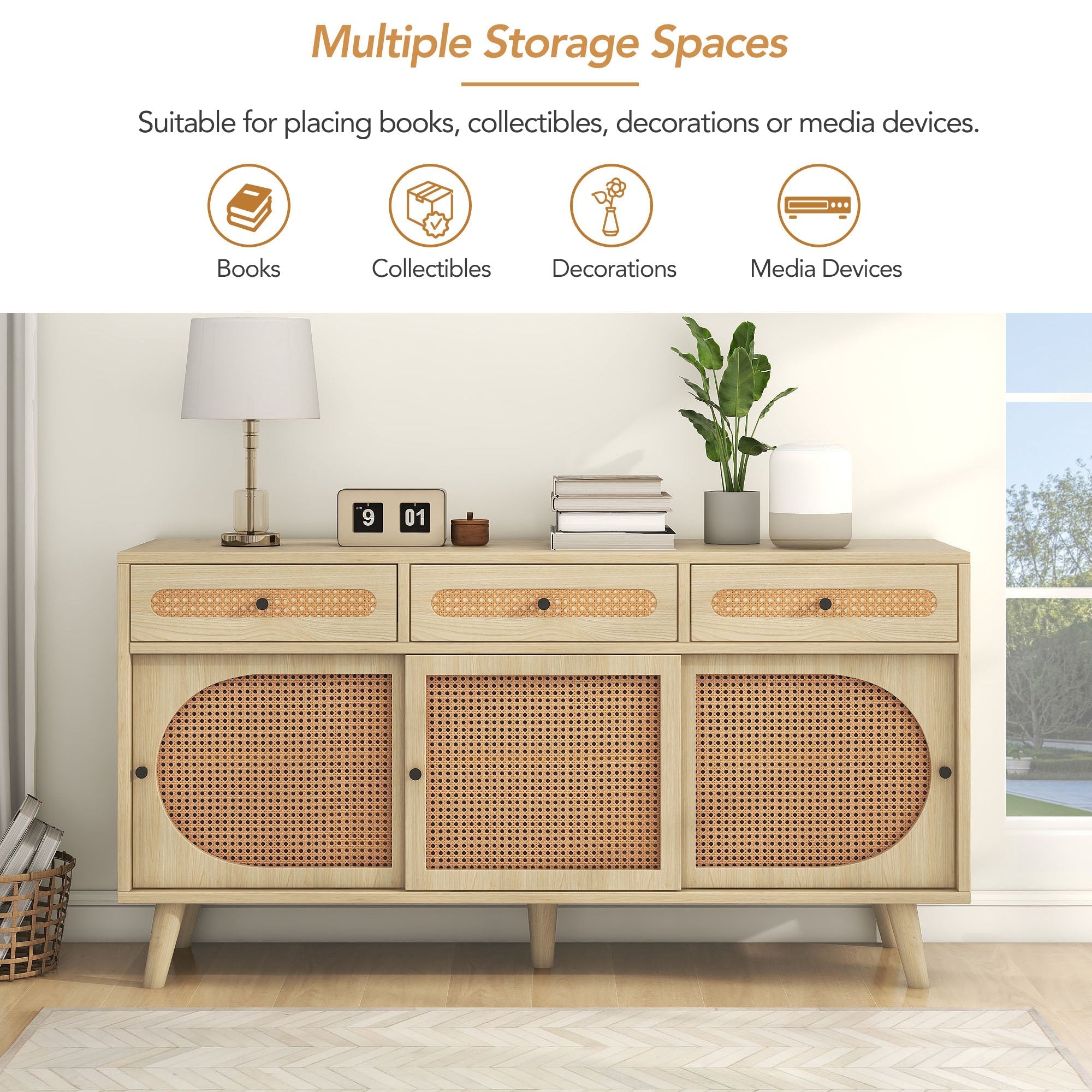 Sideboard, 140cm PE Rattan Door, 3 Drawers, Wooden