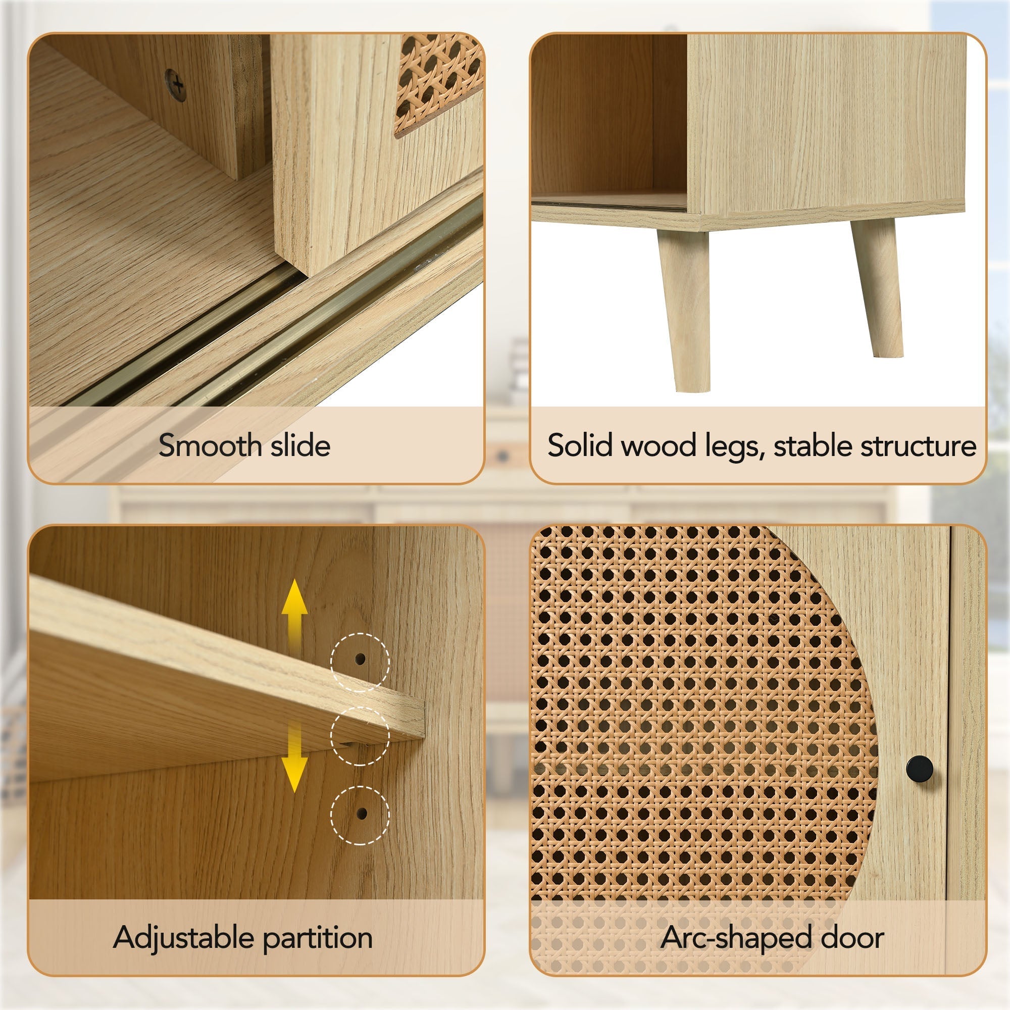 Sideboard, 140cm PE Rattan Door, 3 Drawers, Wooden