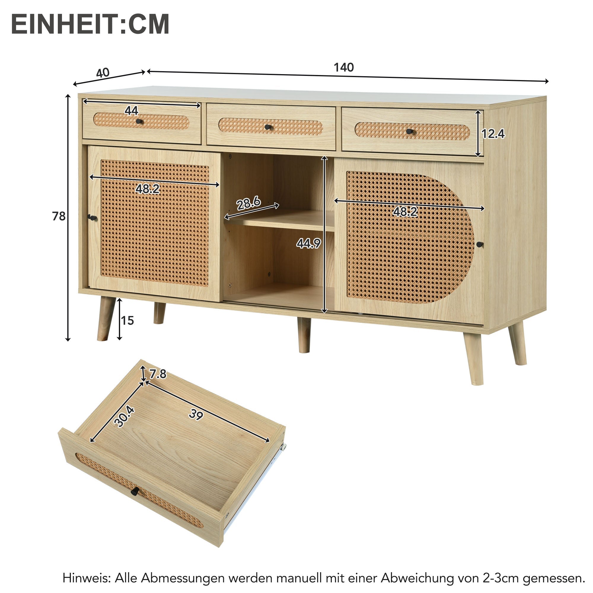 Sideboard, 140cm PE Rattan Door, 3 Drawers, Wooden