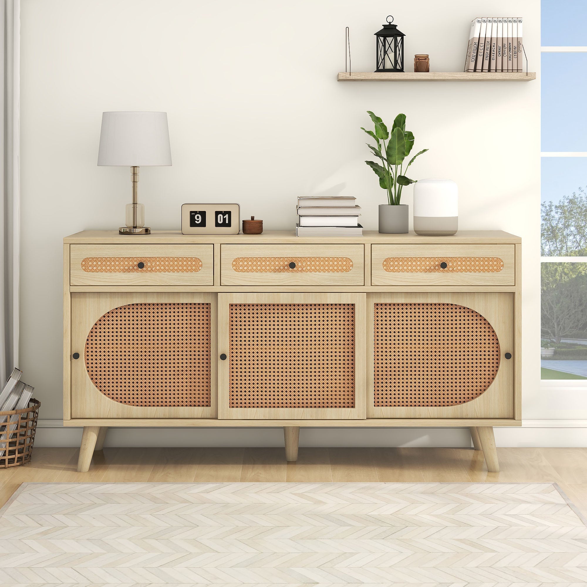 Sideboard, 140cm PE Rattan Door, 3 Drawers, Wooden