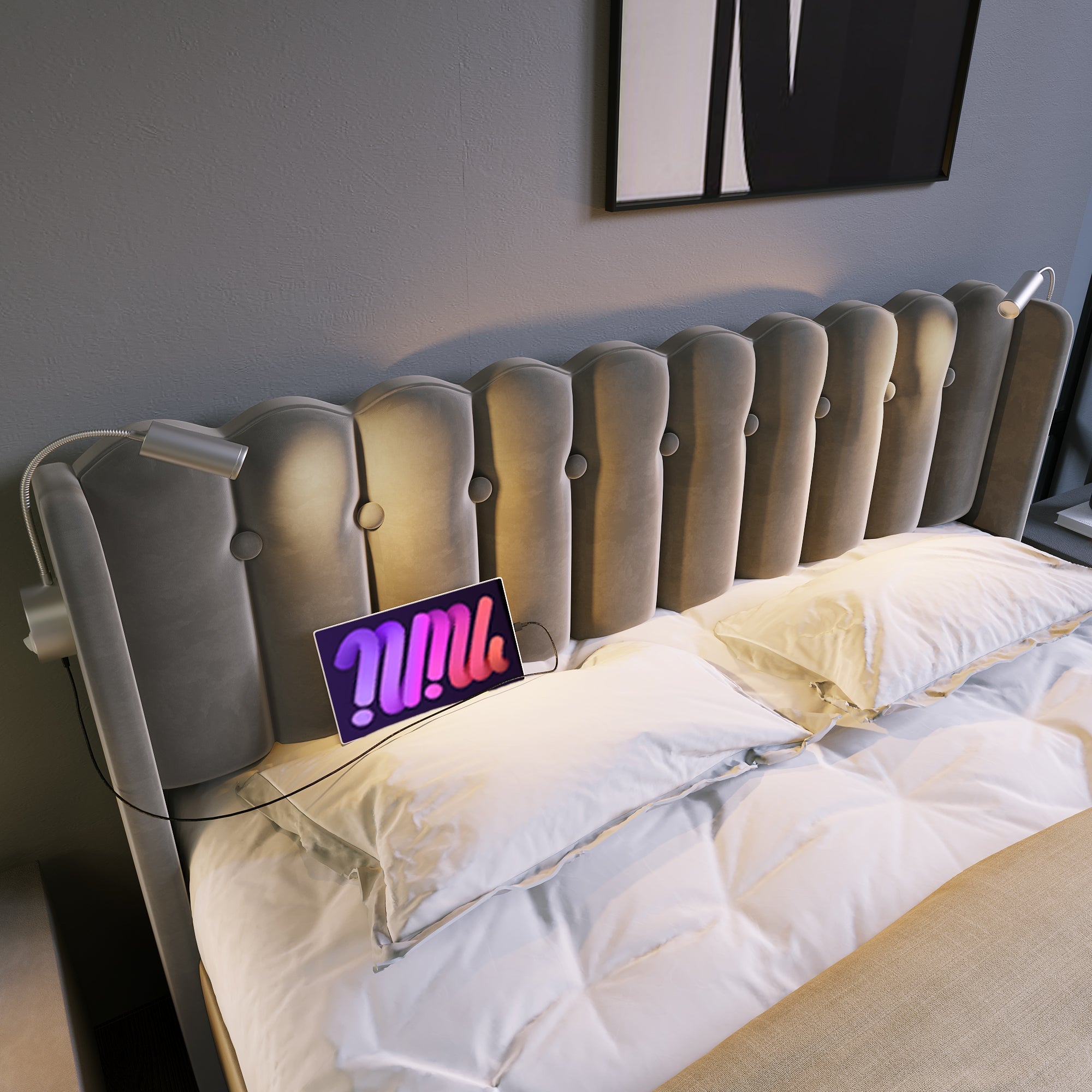 Upholstered Bed Double 140x200, Reading Light, Charging, Storage, Velvet Gray