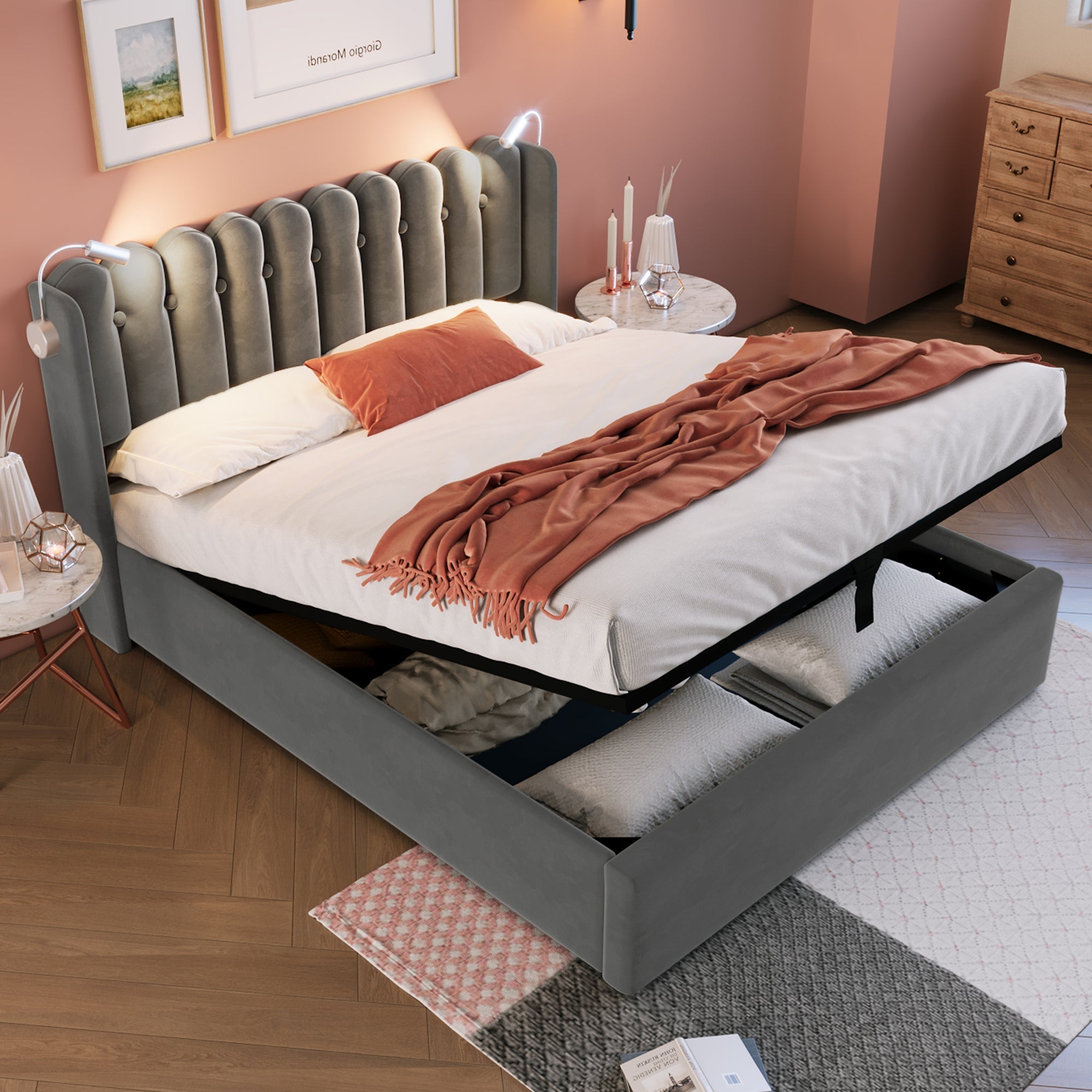 Upholstered Bed Double 140x200, Reading Light, Charging, Storage, Velvet Gray