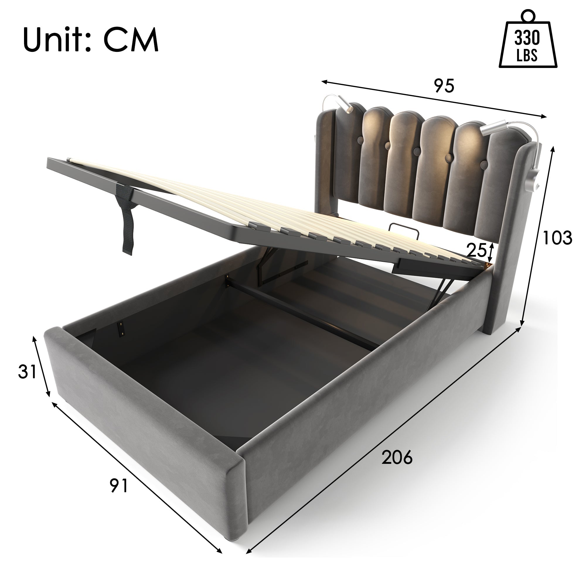 Upholstered Bed, Single with Reading Light, Charging & Storage Headboard, Velvet Gray