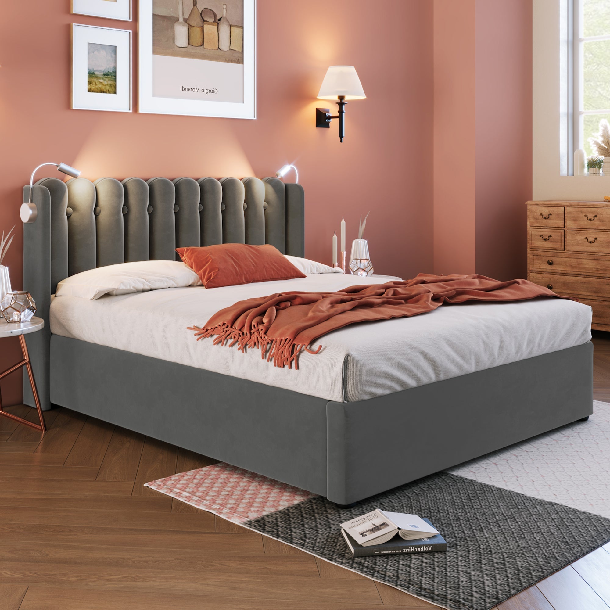 Upholstered Bed Double 140x200, Reading Light, Charging, Storage, Velvet Gray