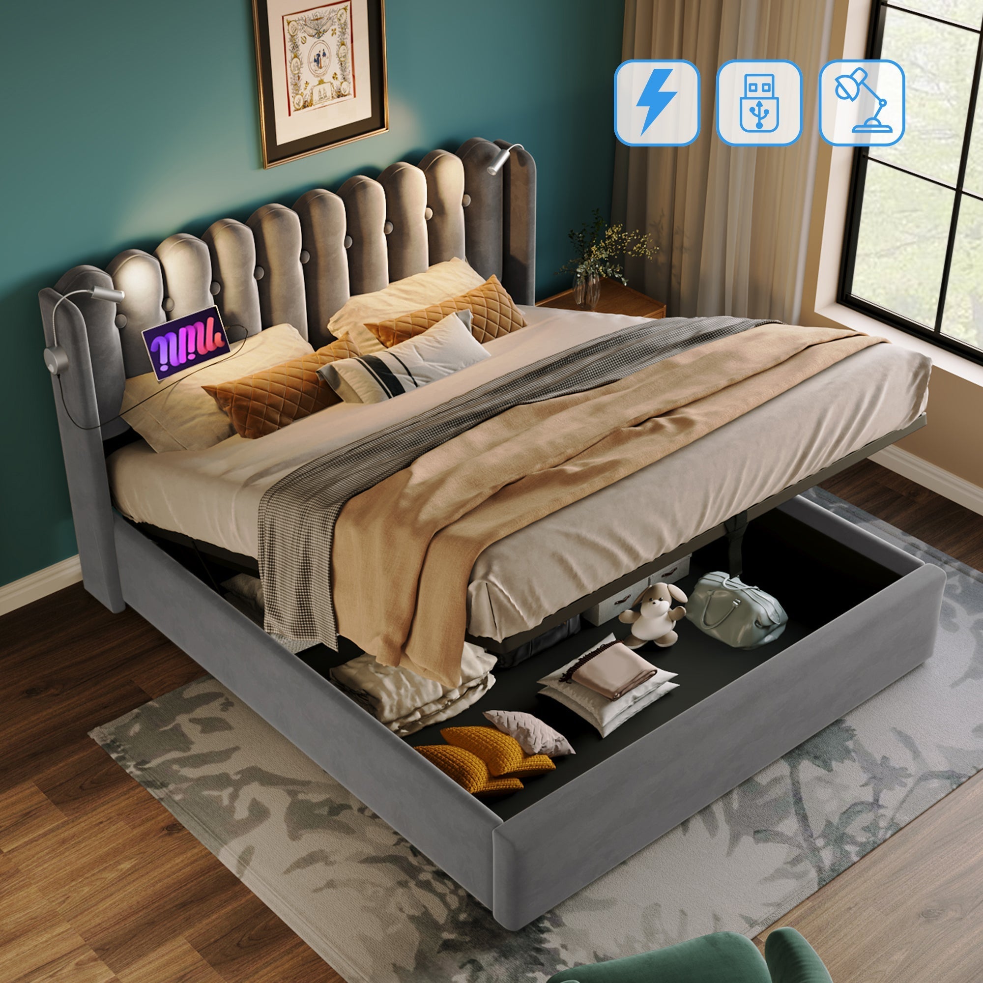 Upholstered Bed Double 140x200, Reading Light, Charging, Storage, Velvet Gray