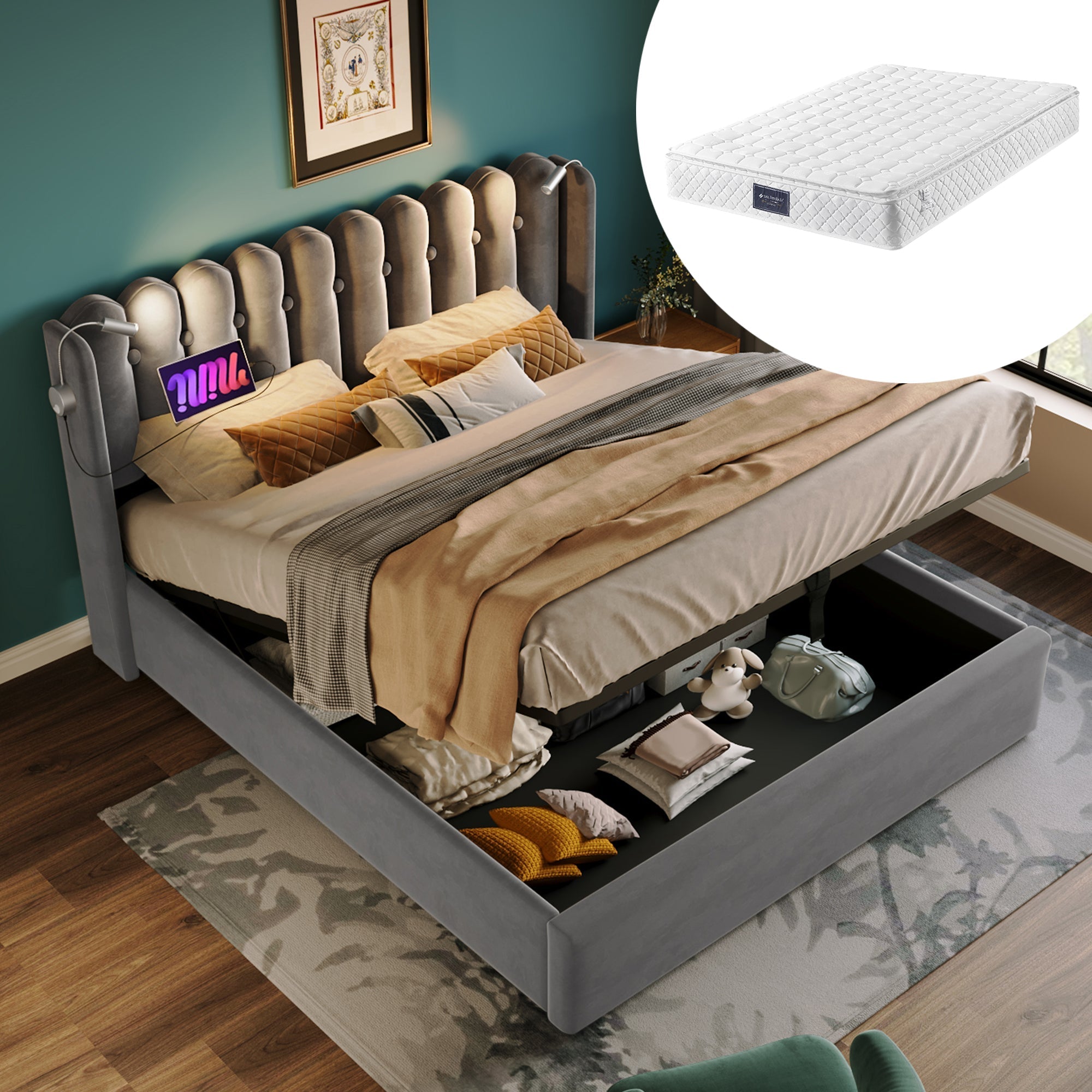 Upholstered Bed Double 140x200, Reading Light, Charging, Storage, Velvet Gray
