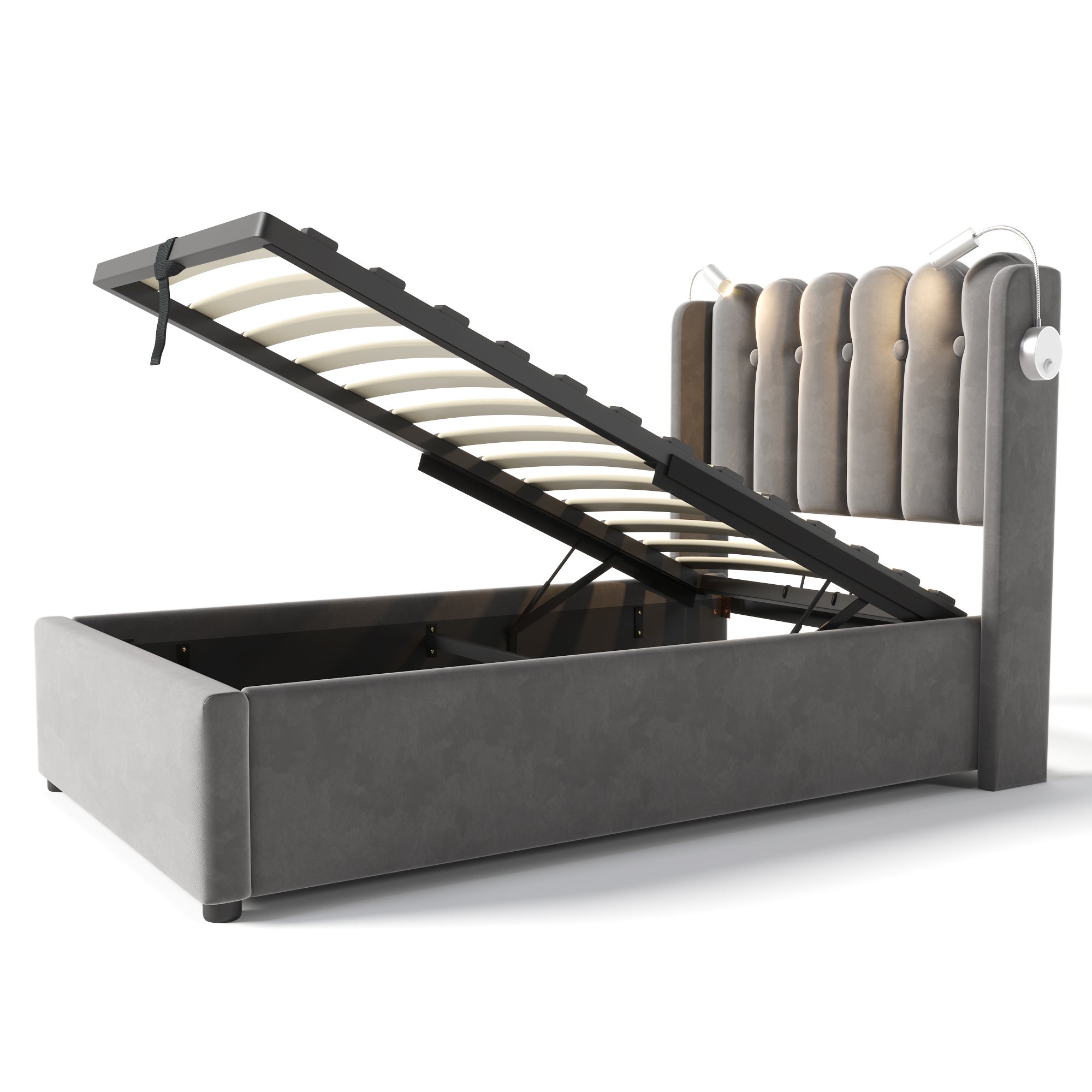 Upholstered Bed Single with Reading Light, Charging, Storage, Slatted Frame, Velvet Gray