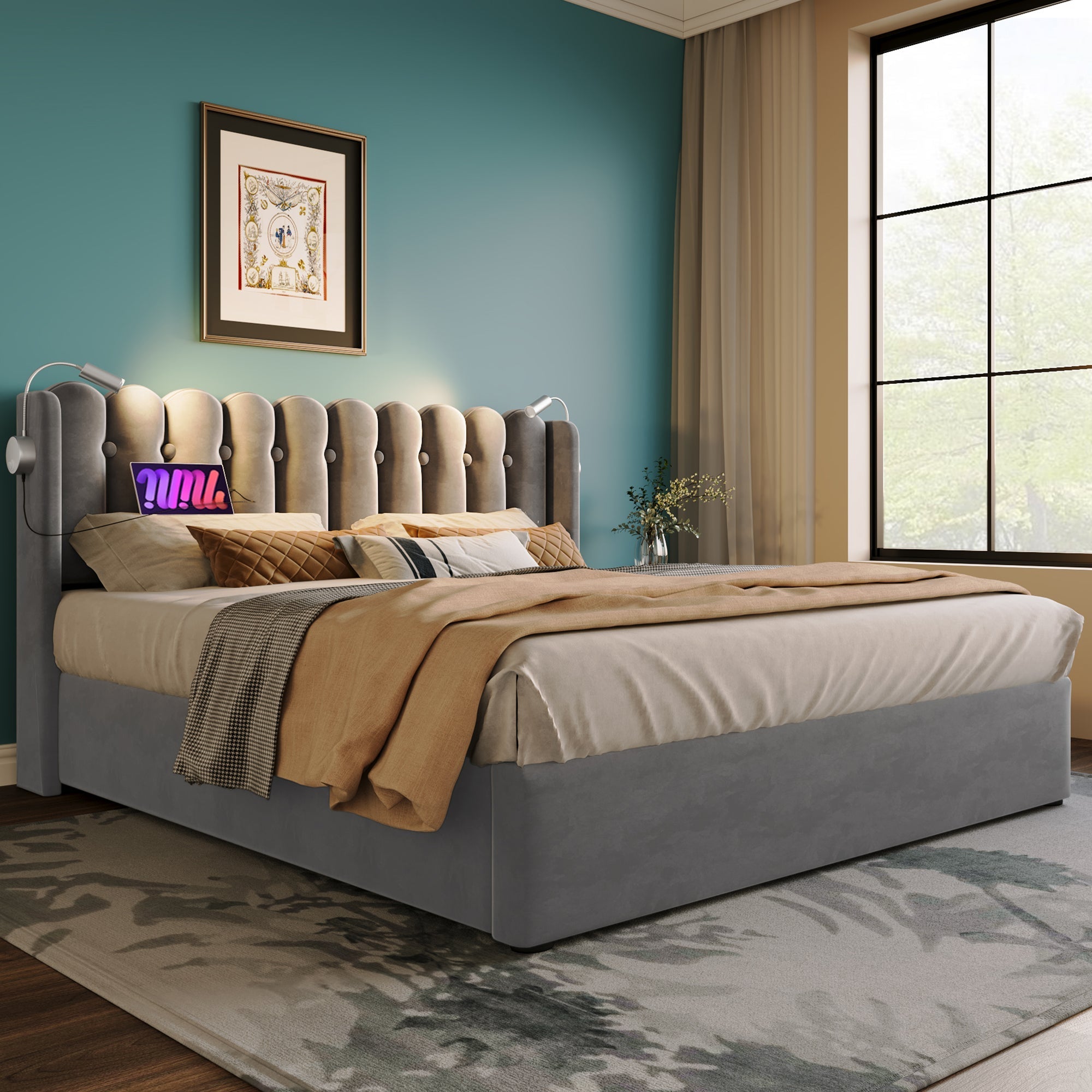 Upholstered Bed Double 140x200, Reading Light, Charging, Storage, Velvet Gray