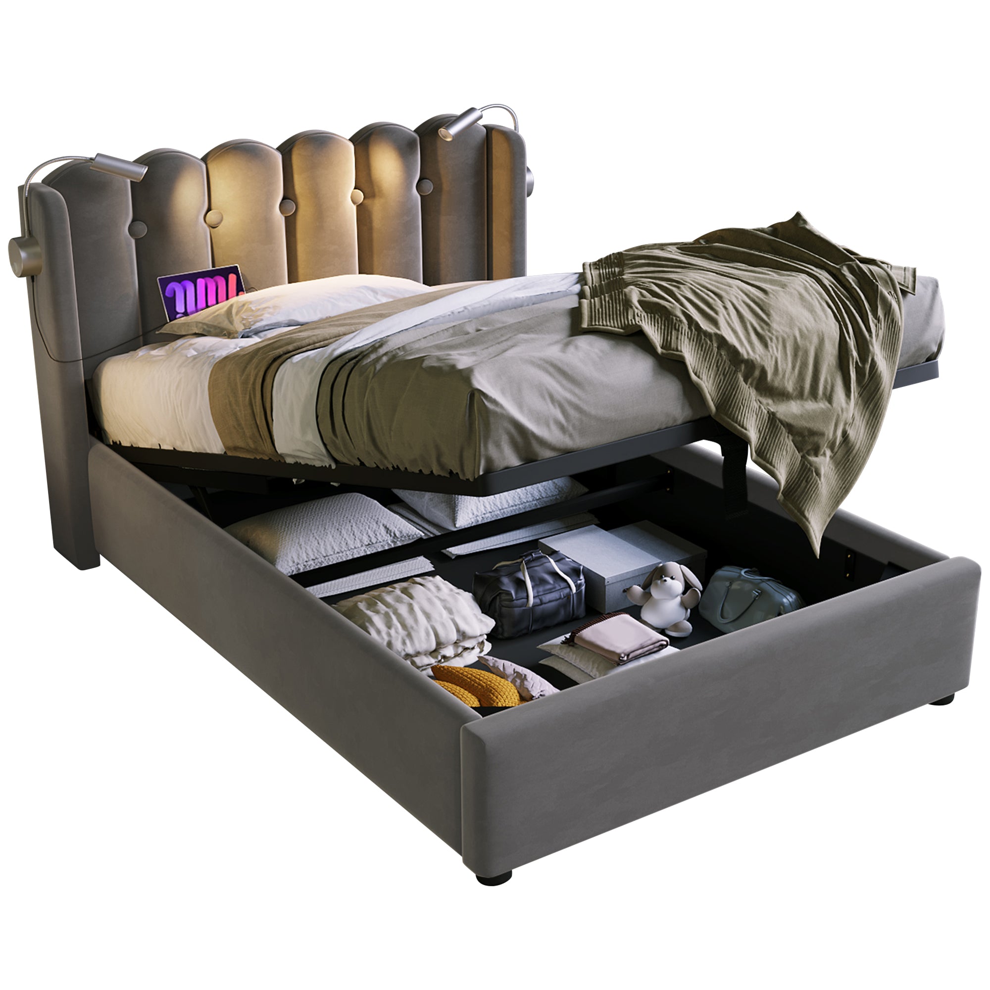 Upholstered Bed, Single with Reading Light, Charging & Storage Headboard, Velvet Gray