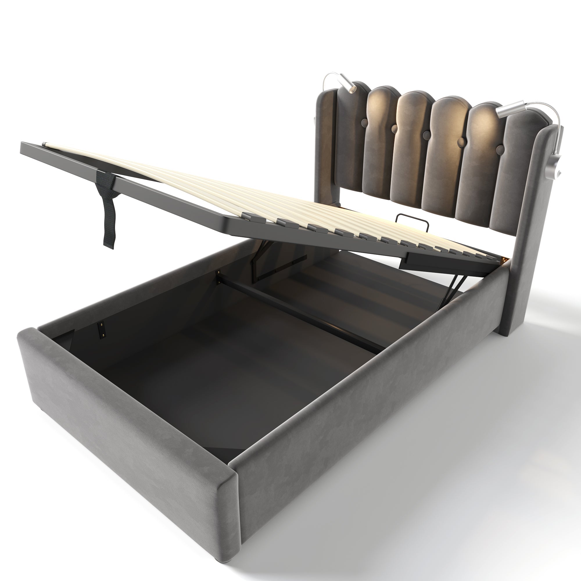 Upholstered Bed, Single with Reading Light, Charging & Storage Headboard, Velvet Gray