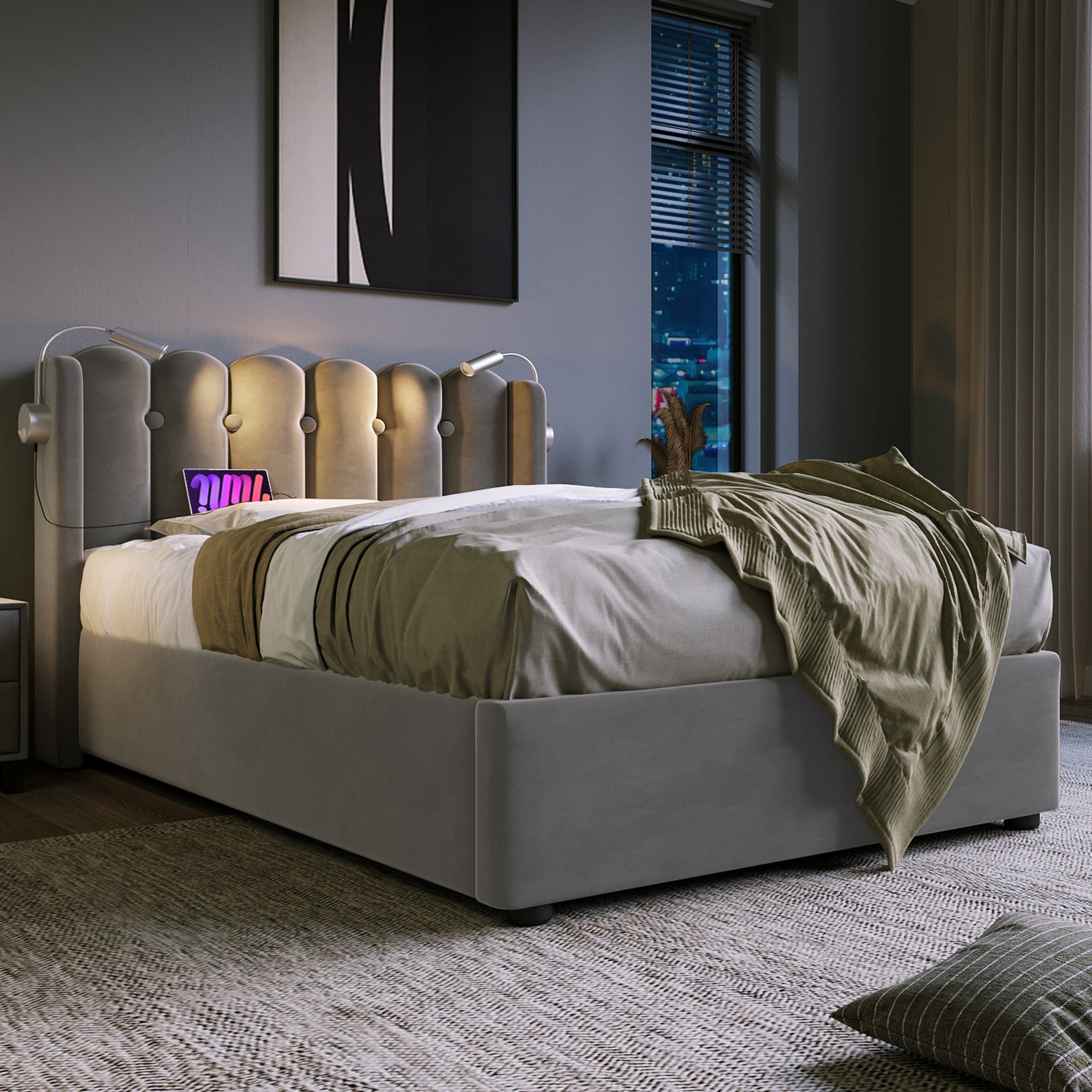 Upholstered Bed Single with Reading Light, Charging, Storage, Slatted Frame, Velvet Gray