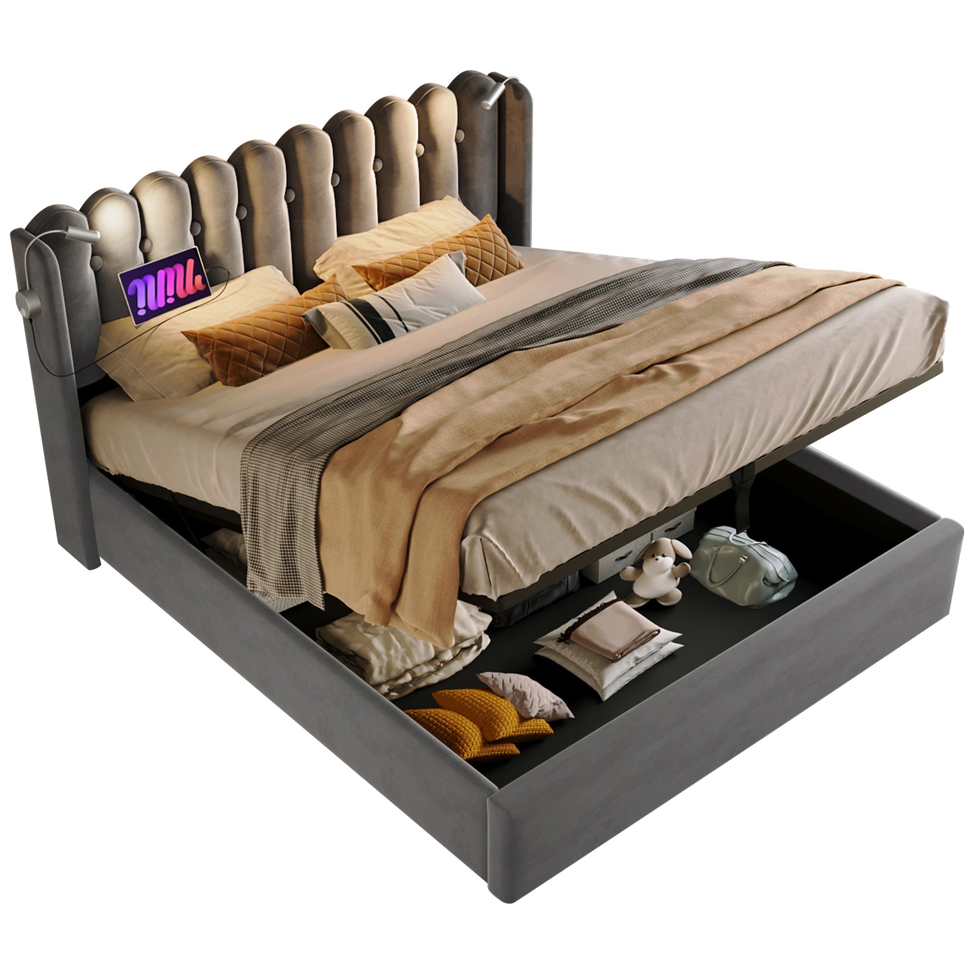 Upholstered Bed Double 140x200, Reading Light, Charging, Storage, Velvet Gray