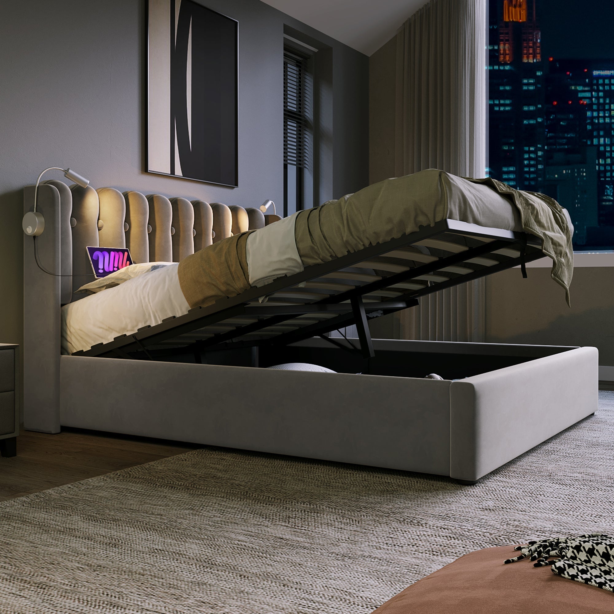 Upholstered Bed Double Reading Light Charging Headboard Storage 140x200 Velvet Gray