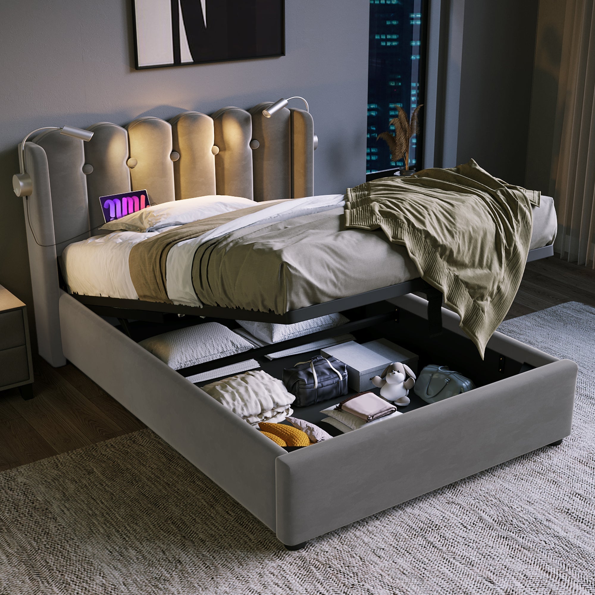 Upholstered Bed Single with Reading Light, Charging, Storage, Slatted Frame, Velvet Gray