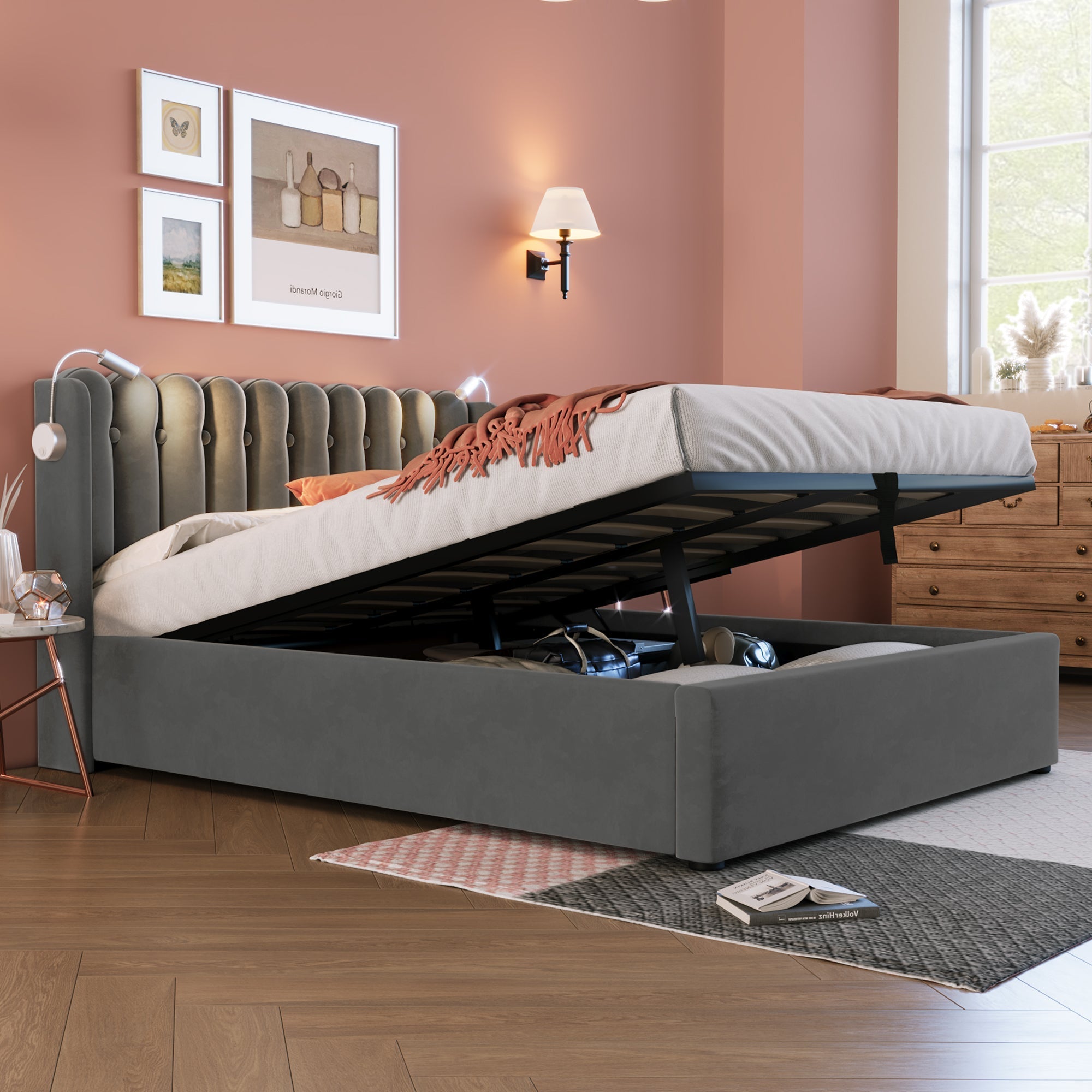Upholstered Bed Double 140x200, Reading Light, Charging, Storage, Velvet Gray