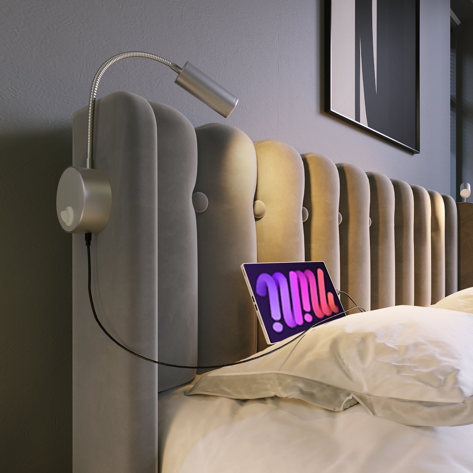 Upholstered Bed Single with Reading Light, Charging, Storage, Slatted Frame, Velvet Gray