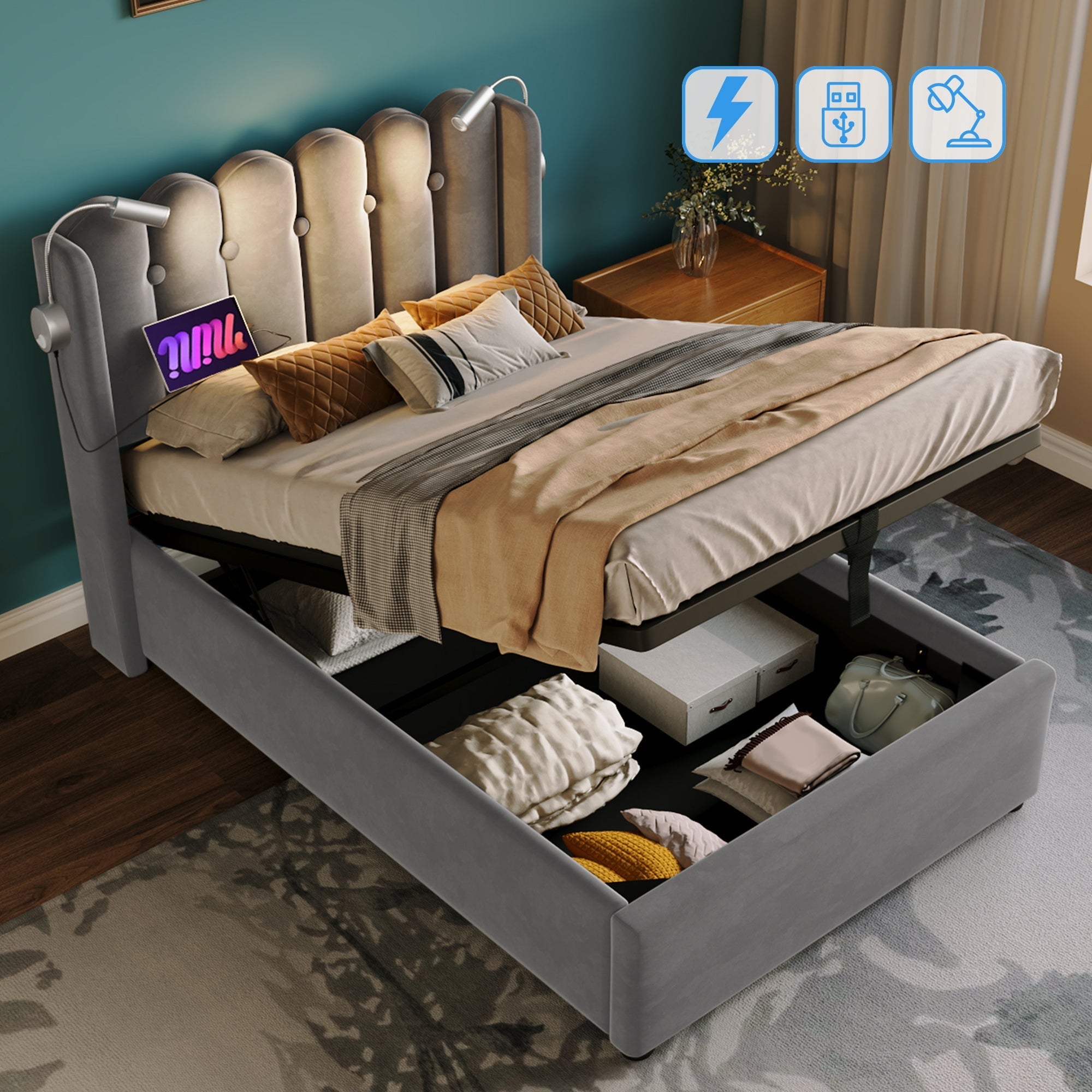 Upholstered Bed Single with Reading Light, Charging, Storage, Slatted Frame, Velvet Gray