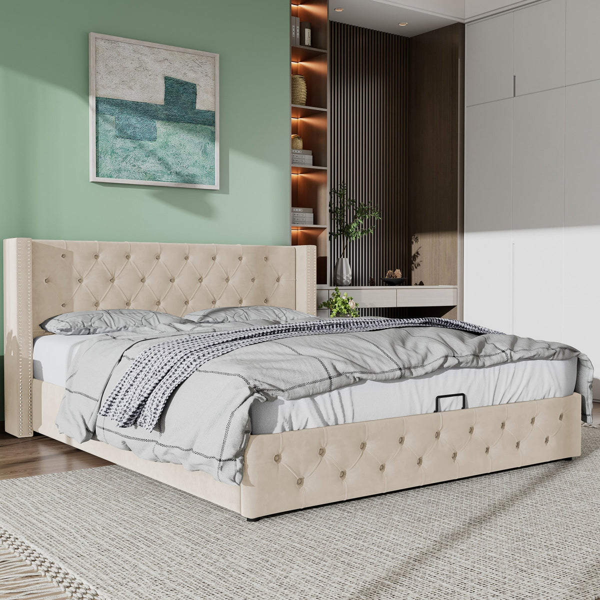 Upholstered Bed 140x200cm Hydraulic Storage Ear Shape Studs Button Tufted - Velvet Beige