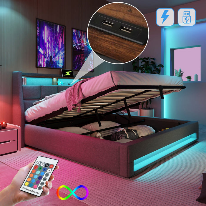 Upholstered Bed 140x200cm LED USB Double Bed Metal Frame, Linen