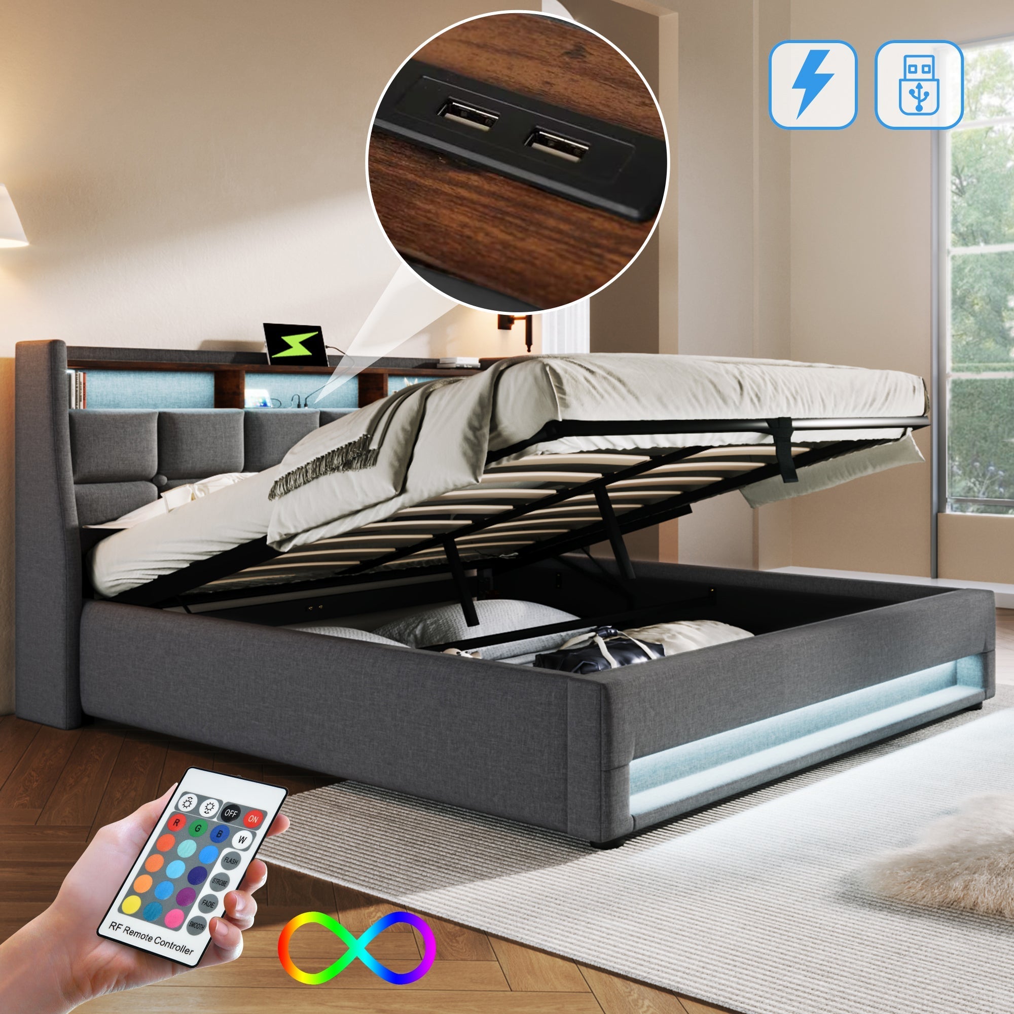 Upholstered Bed, 160x200cm LED Double Bed with USB, Metal Frame, Linen