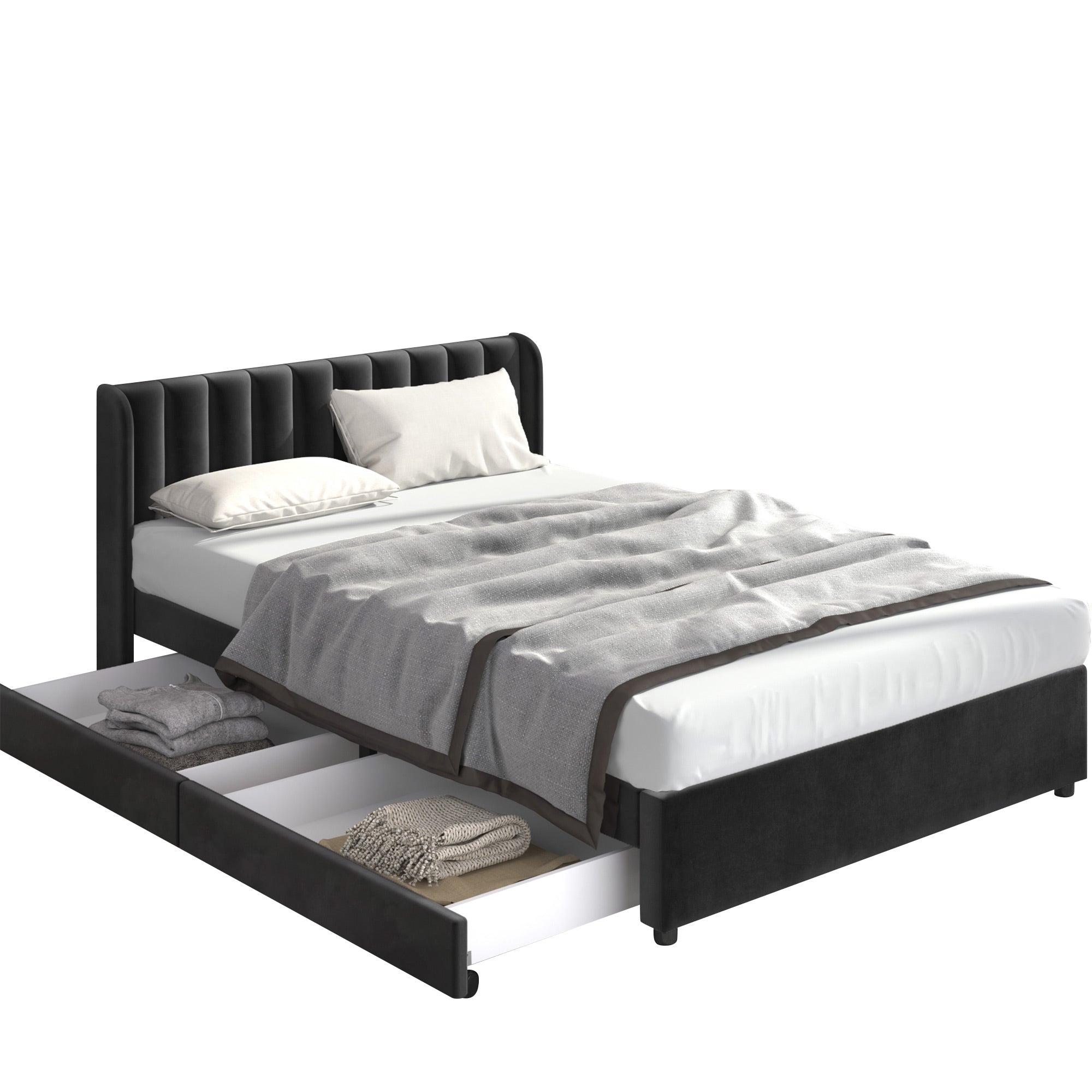 Upholstered Bed with Slatted Base and 2 Drawers, 160 x 200 cm, Black Velvet