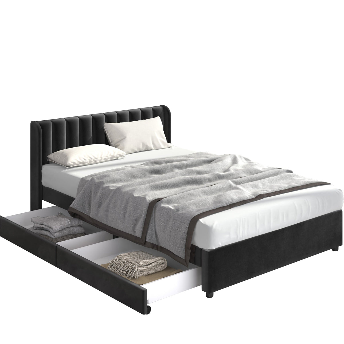 Upholstered Bed 180x200cm Slatted Base Headboard 2 Drawers, Black Velvet
