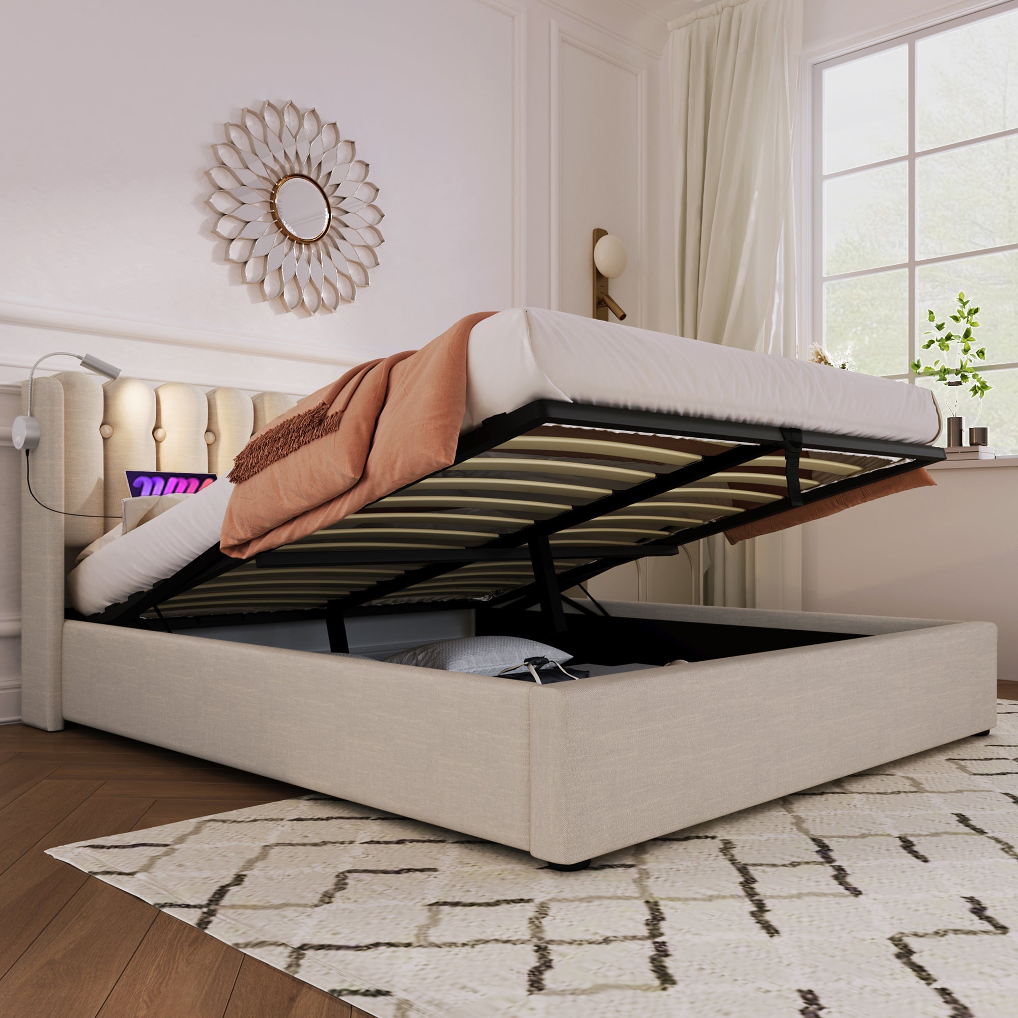 Upholstered Bed Double 140x200 with Reading Light, Storage, Slatted Frame, Natural Linen