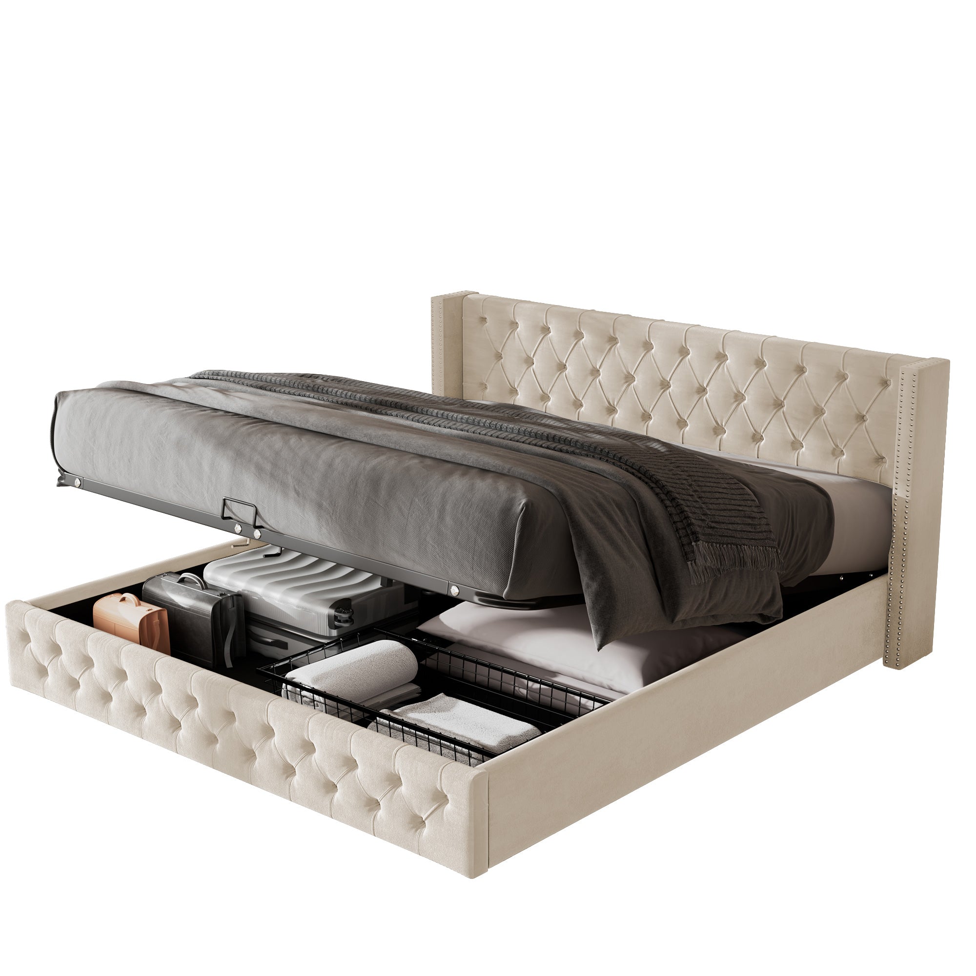Upholstered Bed 140x200cm Hydraulic Storage Ear Shape Studs Button Tufted - Velvet Beige
